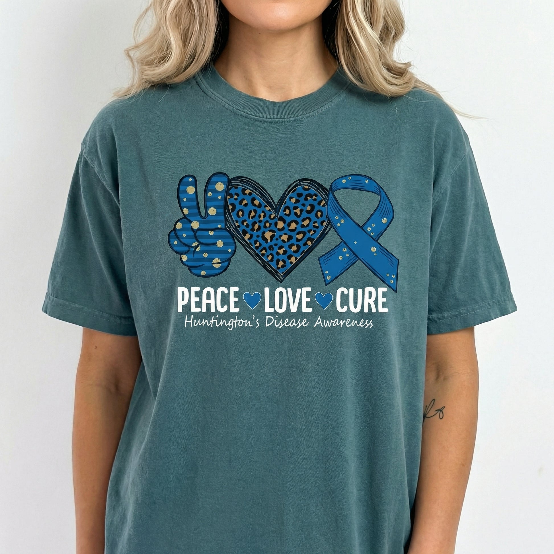 Peace Love Awareness Graphic T-Shirt – Huntington's Disease Support Ribbon Tee