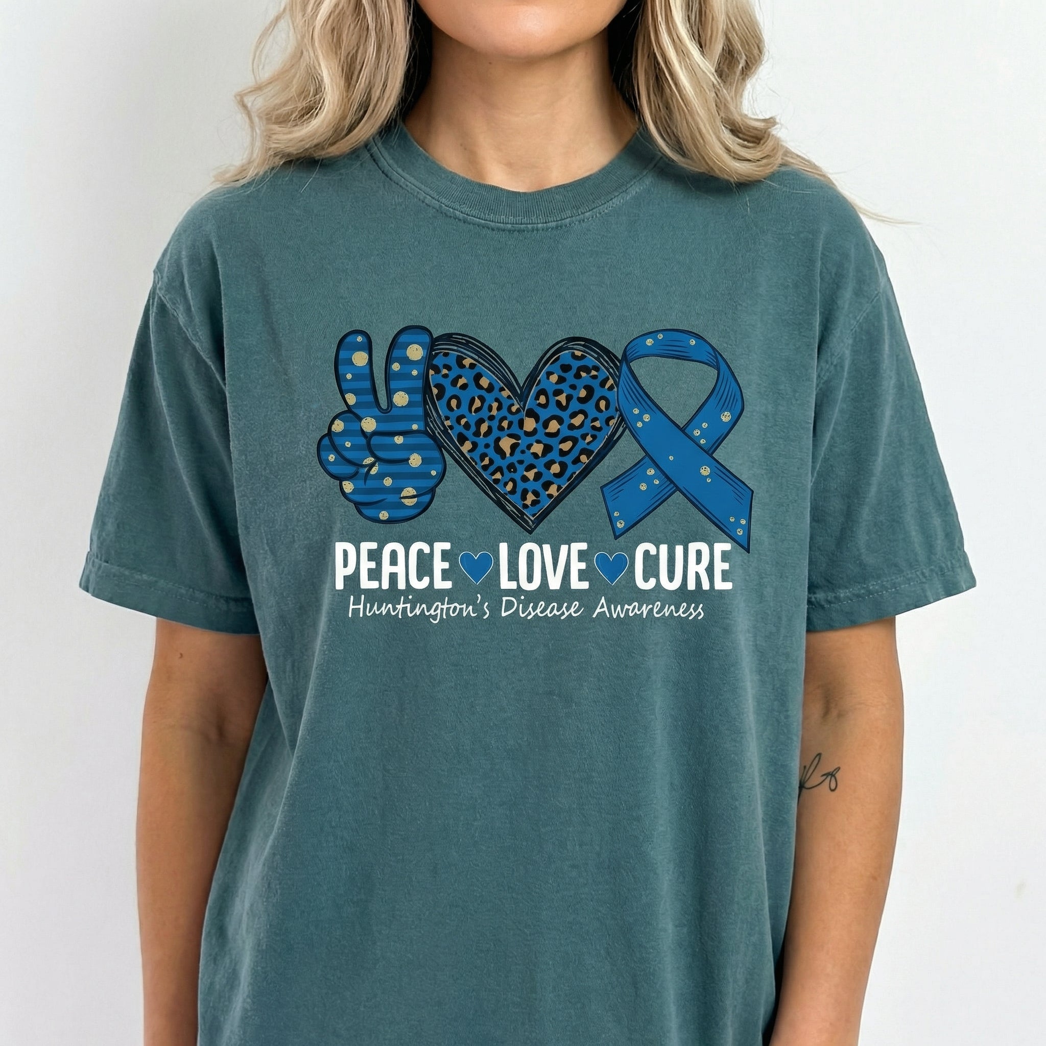 Peace Love Awareness Graphic T-Shirt – Huntington's Disease Support Ribbon Tee