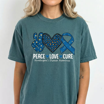 Peace Love Awareness Graphic T-Shirt – Huntington's Disease Support Ribbon Tee
