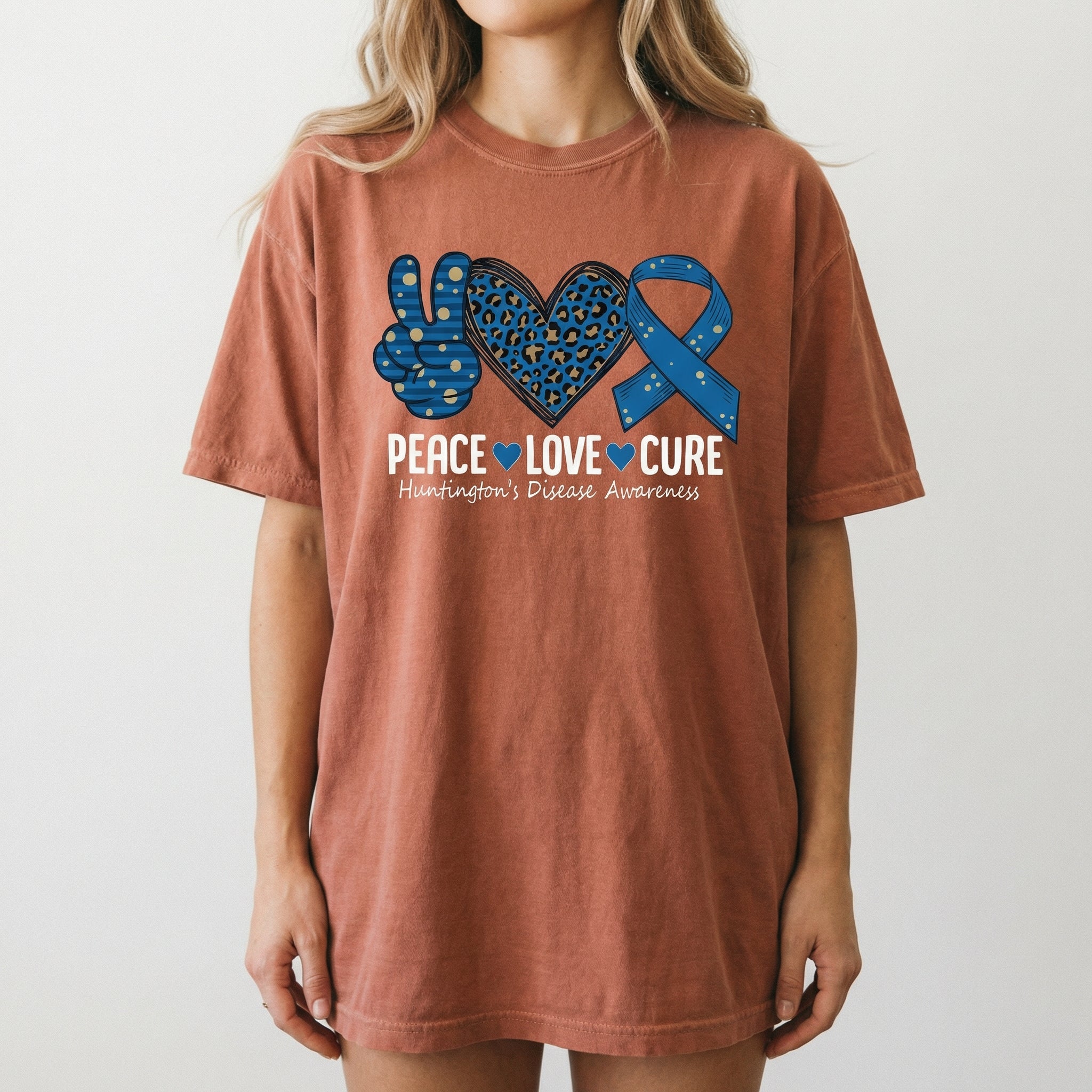 Peace Love Awareness Graphic T-Shirt – Huntington's Disease Support Ribbon Tee