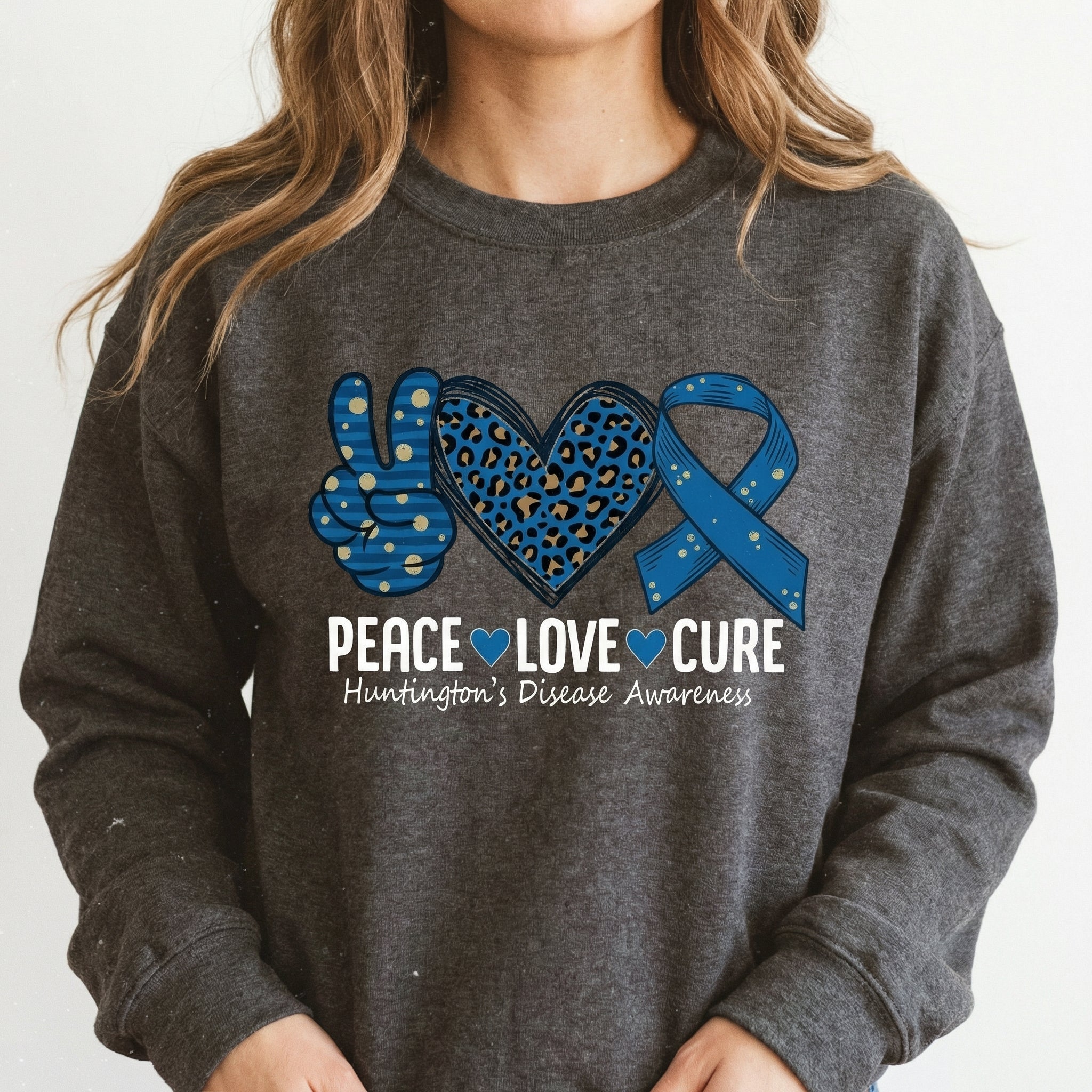 Peace Love Awareness Graphic T-Shirt – Huntington's Disease Support Ribbon Tee