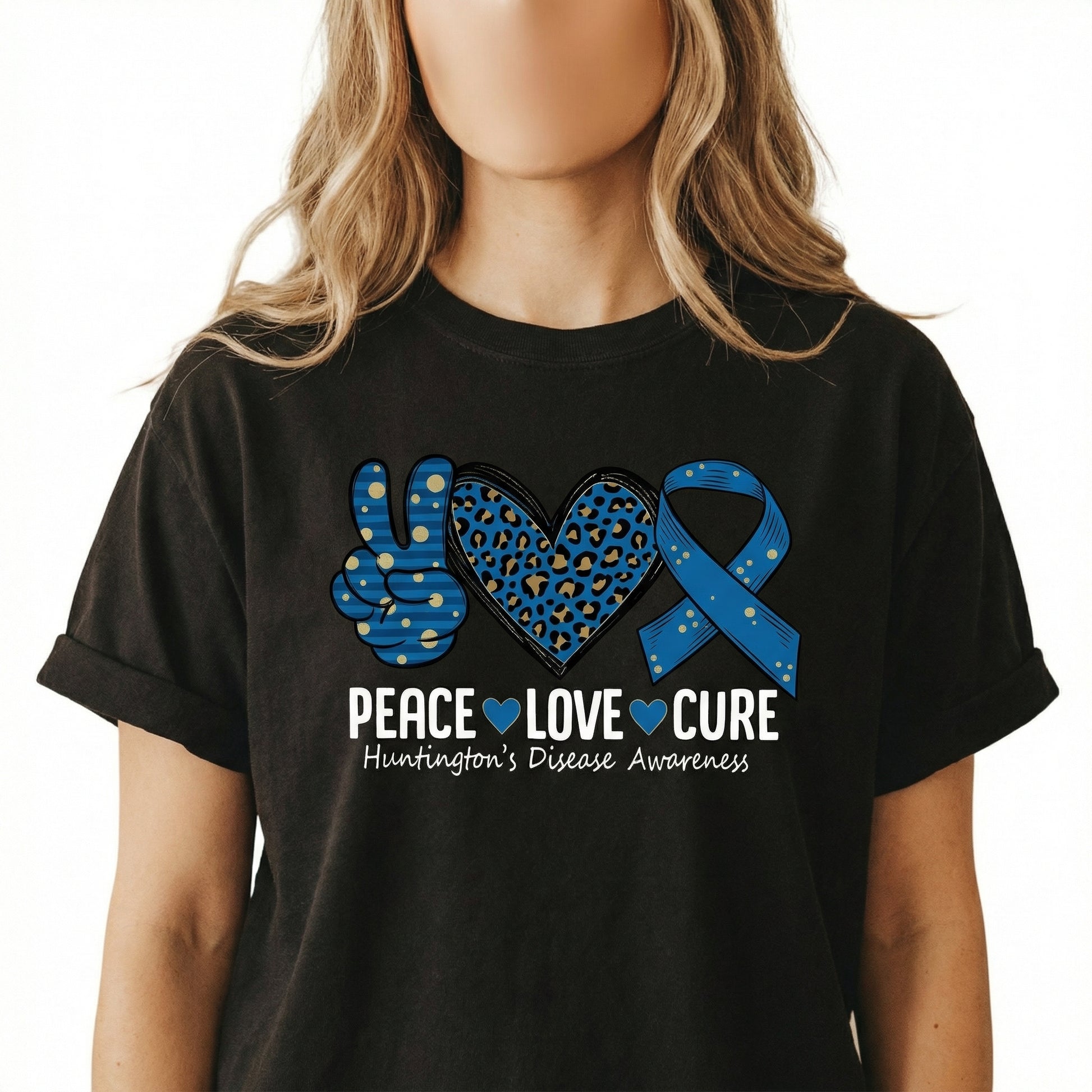 Peace Love Awareness Graphic T-Shirt – Huntington's Disease Support Ribbon Tee