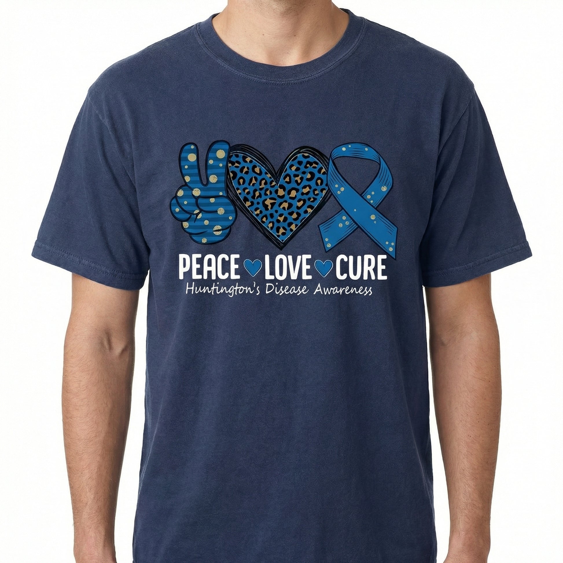 Peace Love Awareness Graphic T-Shirt – Huntington's Disease Support Ribbon Tee