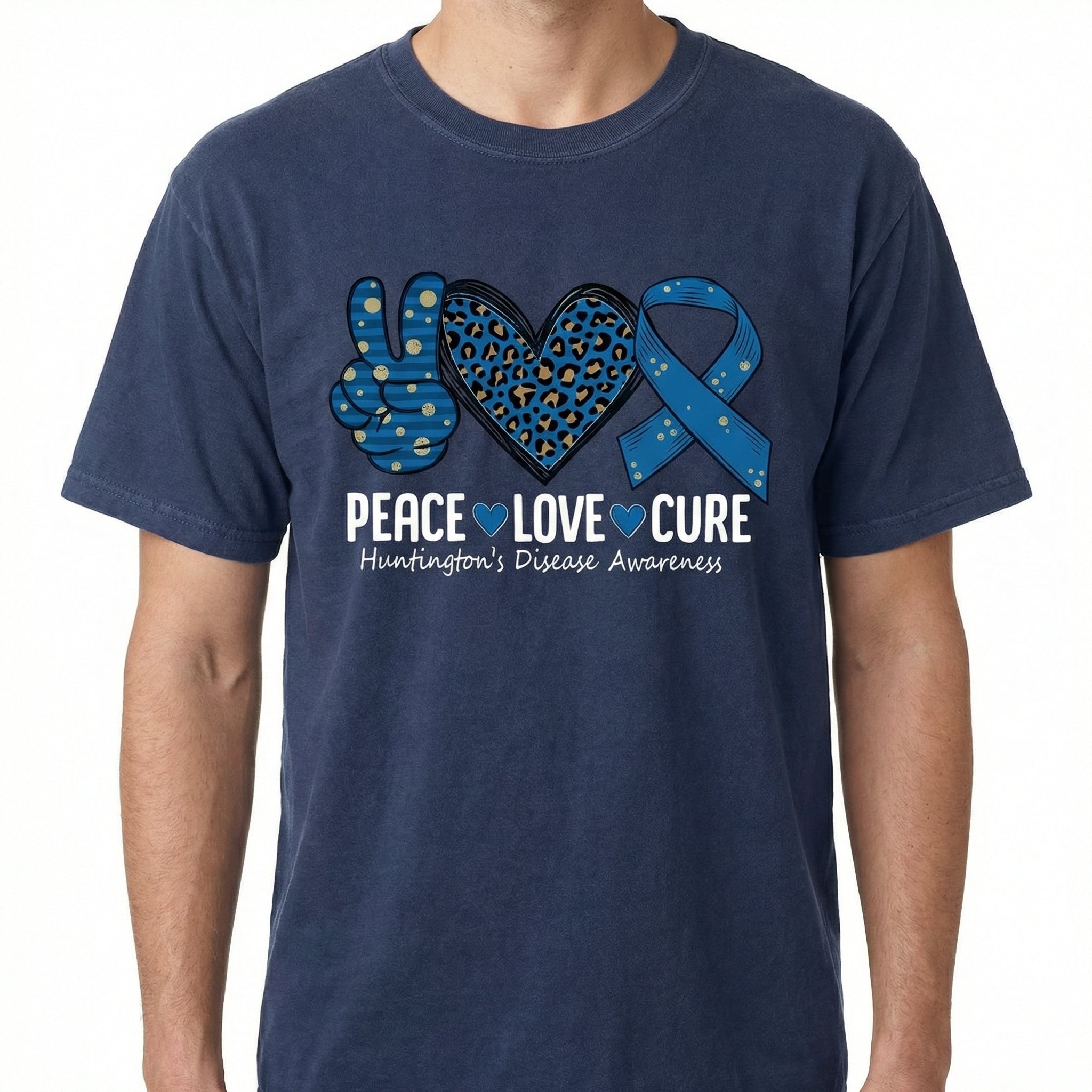 Peace Love Awareness Graphic T-Shirt – Huntington's Disease Support Ribbon Tee