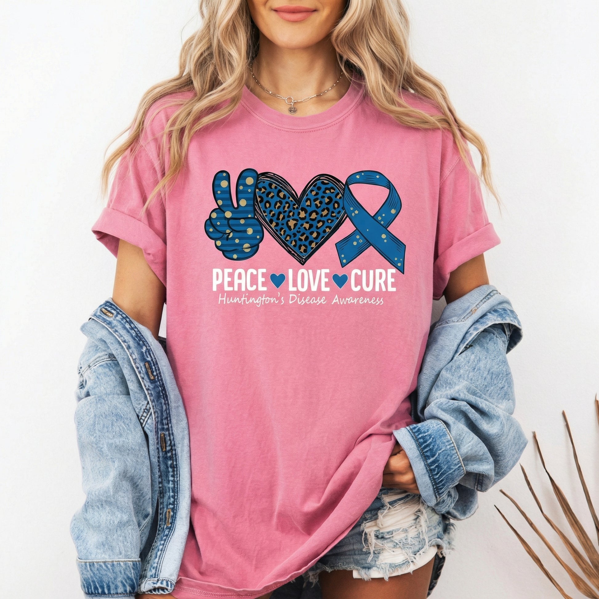 Peace Love Awareness Graphic T-Shirt – Huntington's Disease Support Ribbon Tee