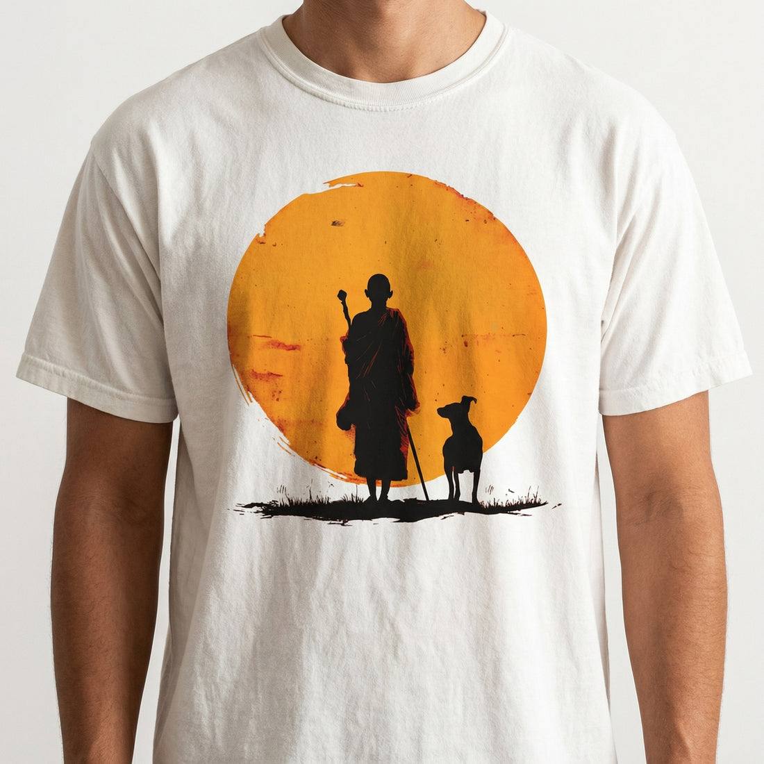 Peace Walking Monk and Dog Minimalist Zen Art T-Shirt - Zen Meditation Tee