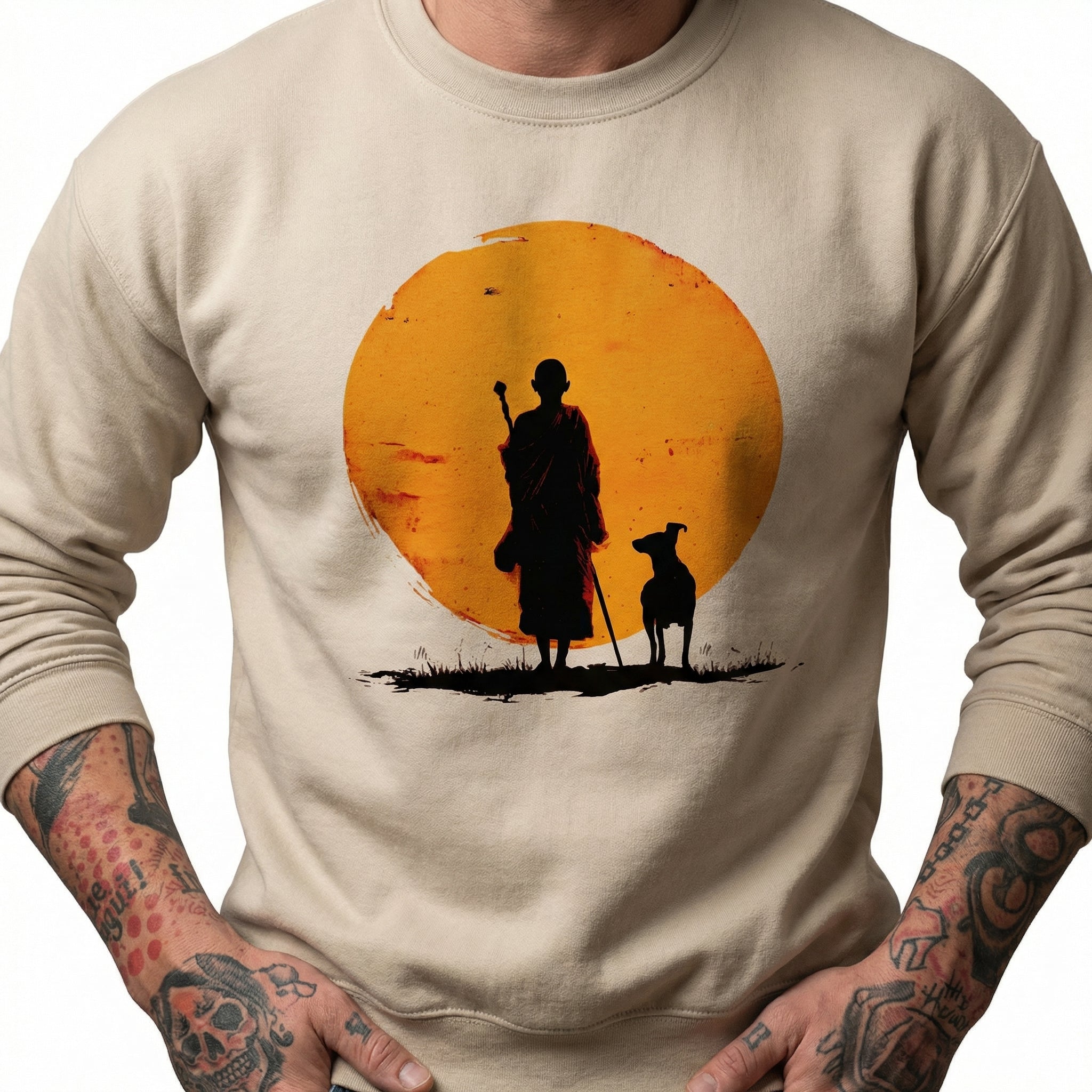 Peace Walking Monk and Dog Minimalist Zen Art T-Shirt - Zen Meditation Tee