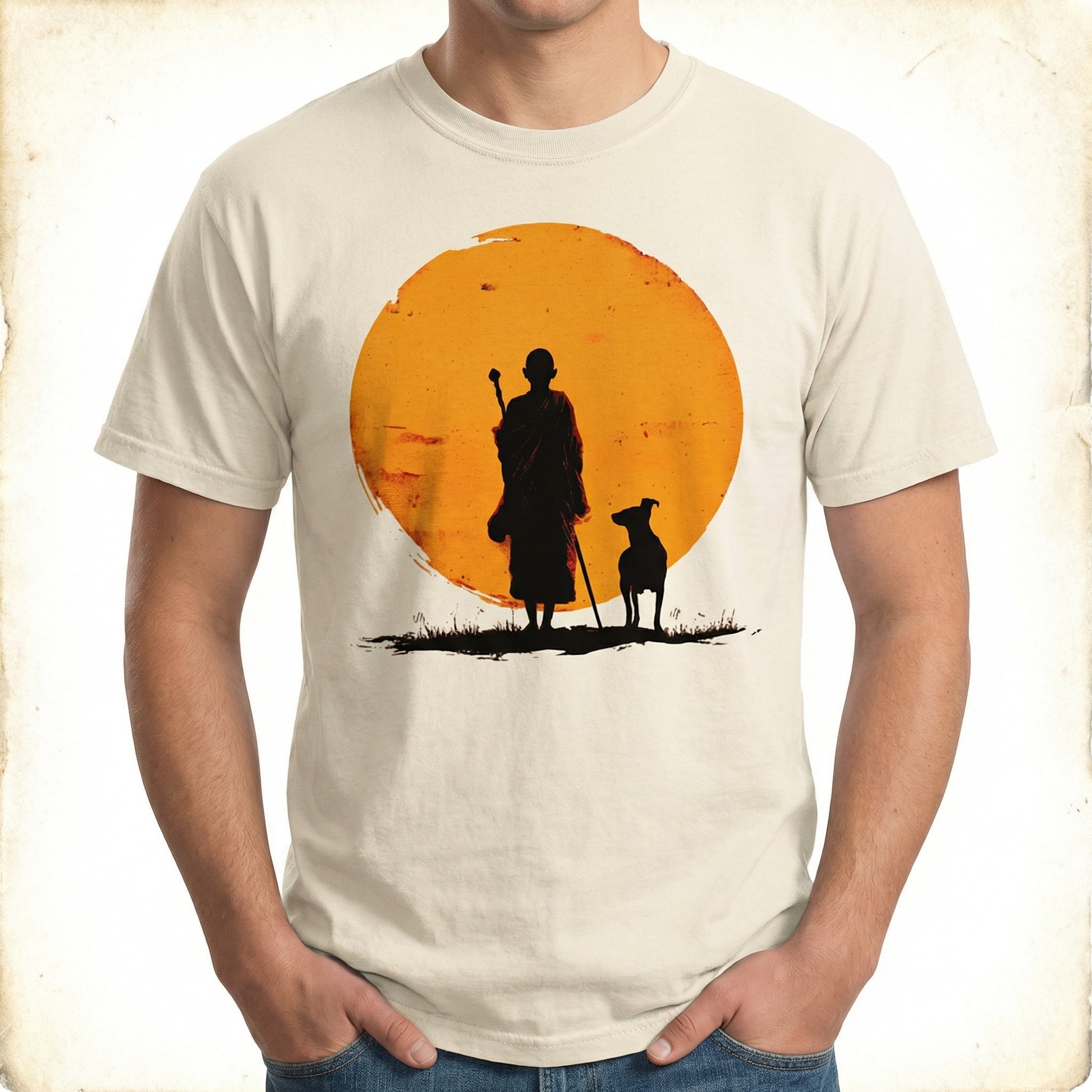Peace Walking Monk and Dog Minimalist Zen Art T-Shirt - Zen Meditation Tee