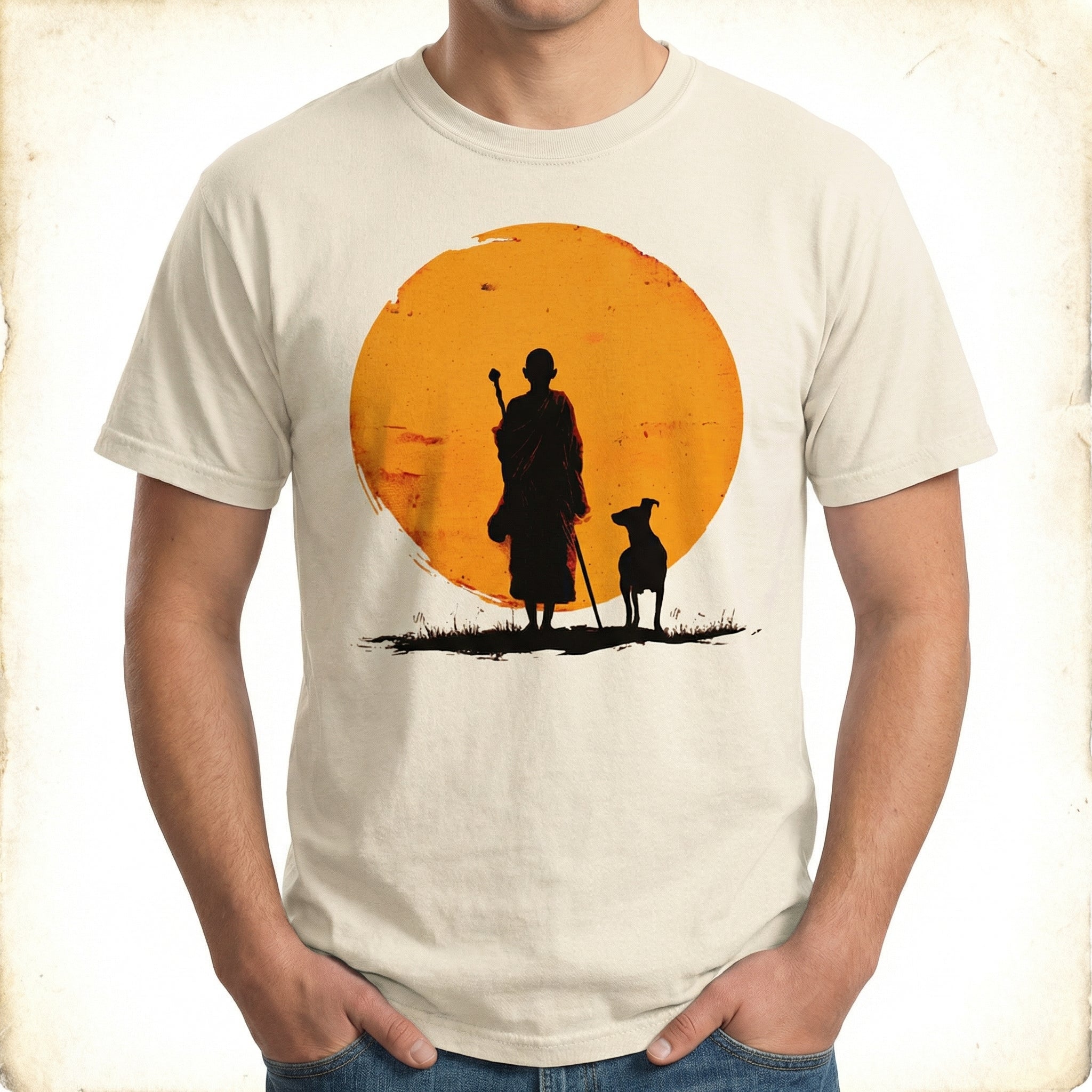 Peace Walking Monk and Dog Minimalist Zen Art T-Shirt - Zen Meditation Tee