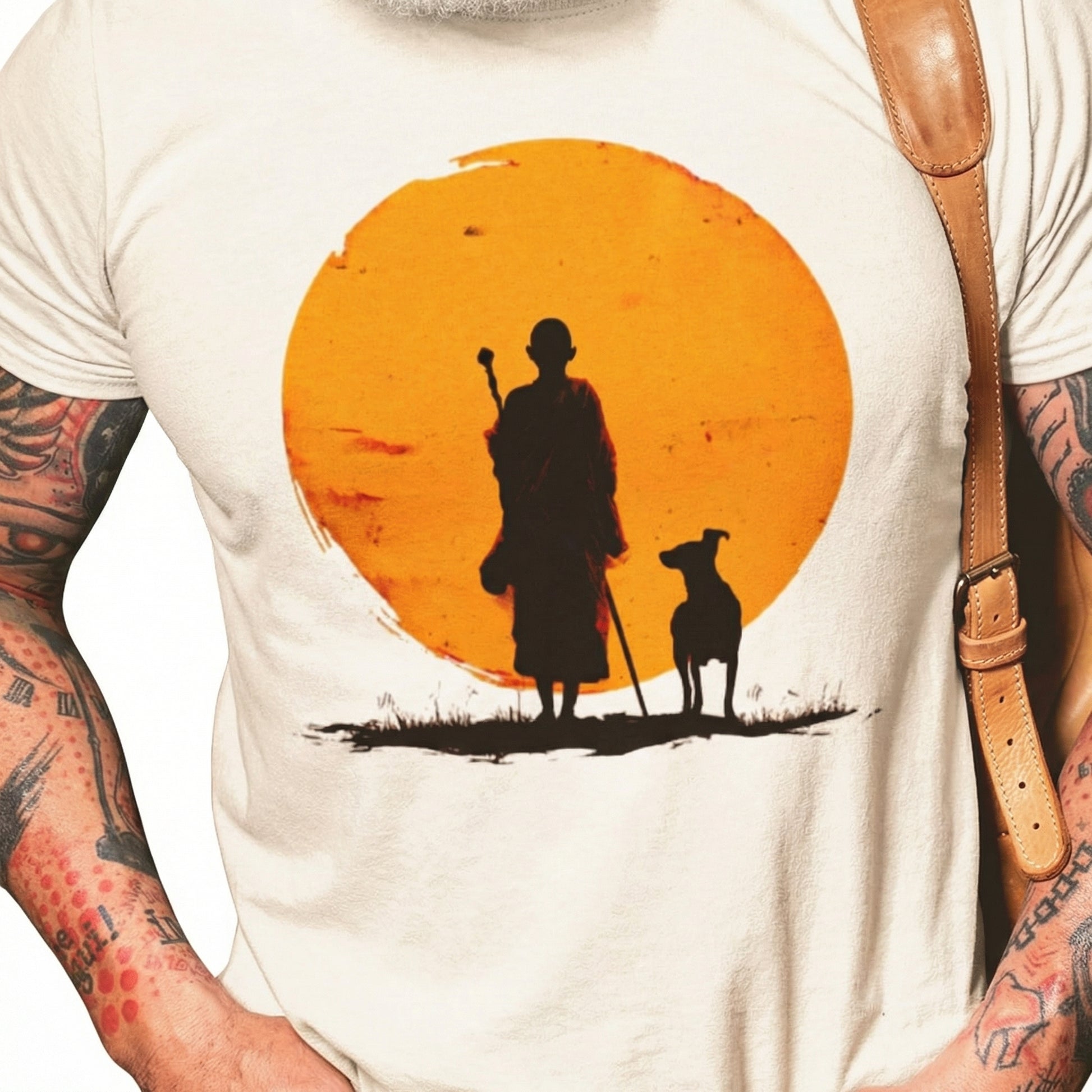 Peace Walking Monk and Dog Minimalist Zen Art T-Shirt - Zen Meditation Tee