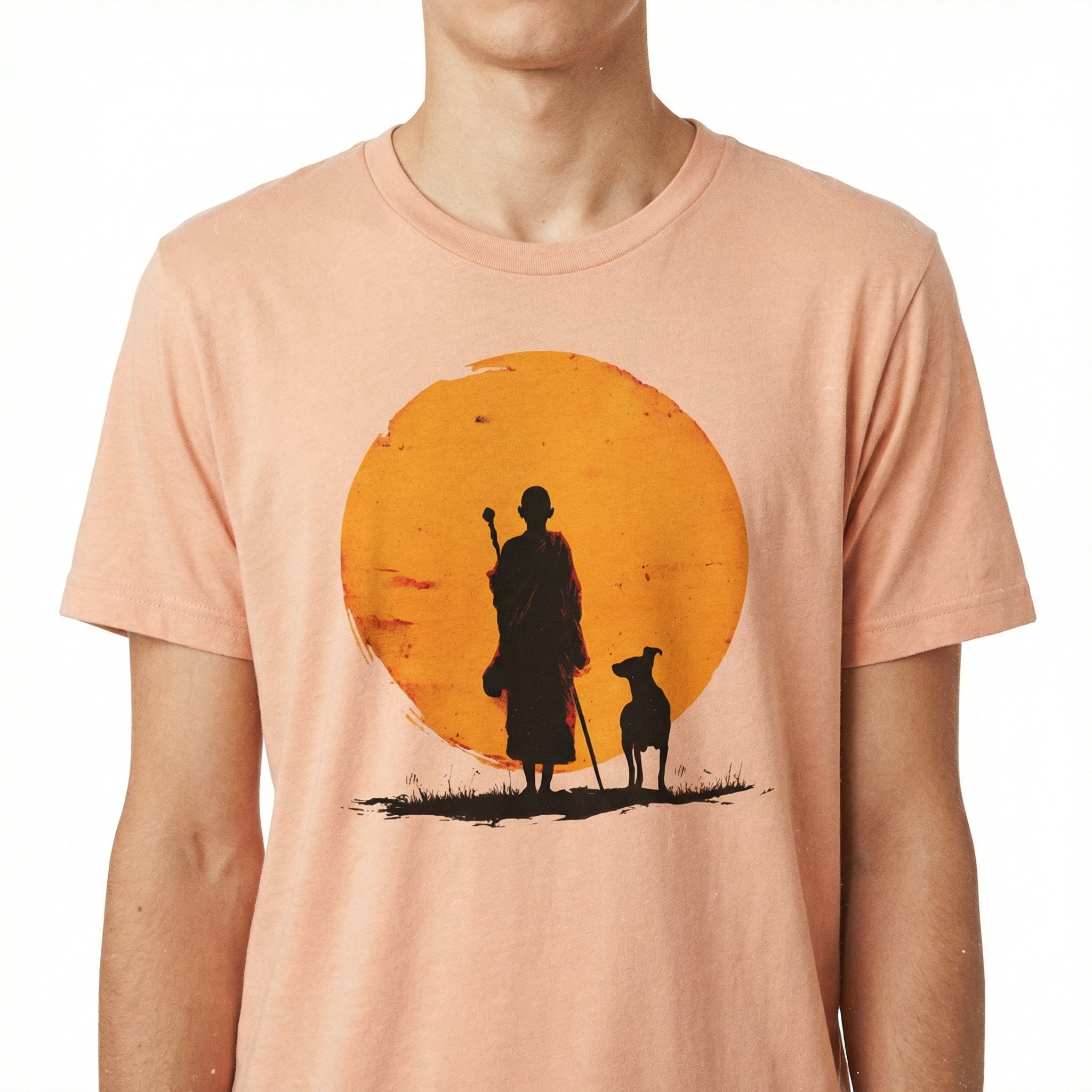 Peace Walking Monk and Dog Minimalist Zen Art T-Shirt - Zen Meditation Tee