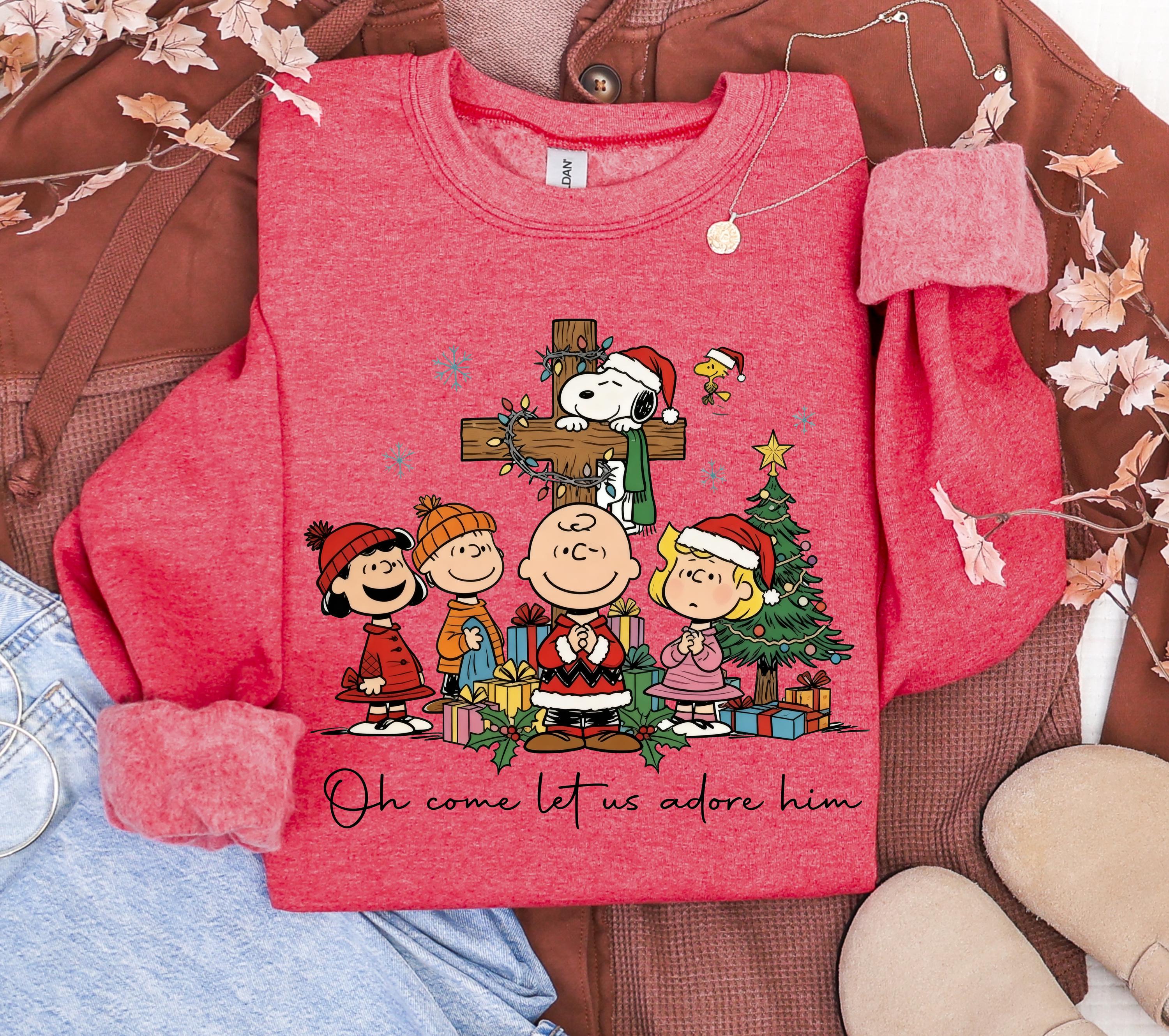 Peanuts Oh Come Let Us Adore Him Shirt – Christian Christmas Tee with Cartoon-Style