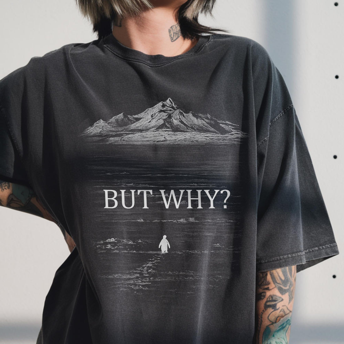 Penguin But Why Graphic T-Shirt – Viral Meme Humor Tee