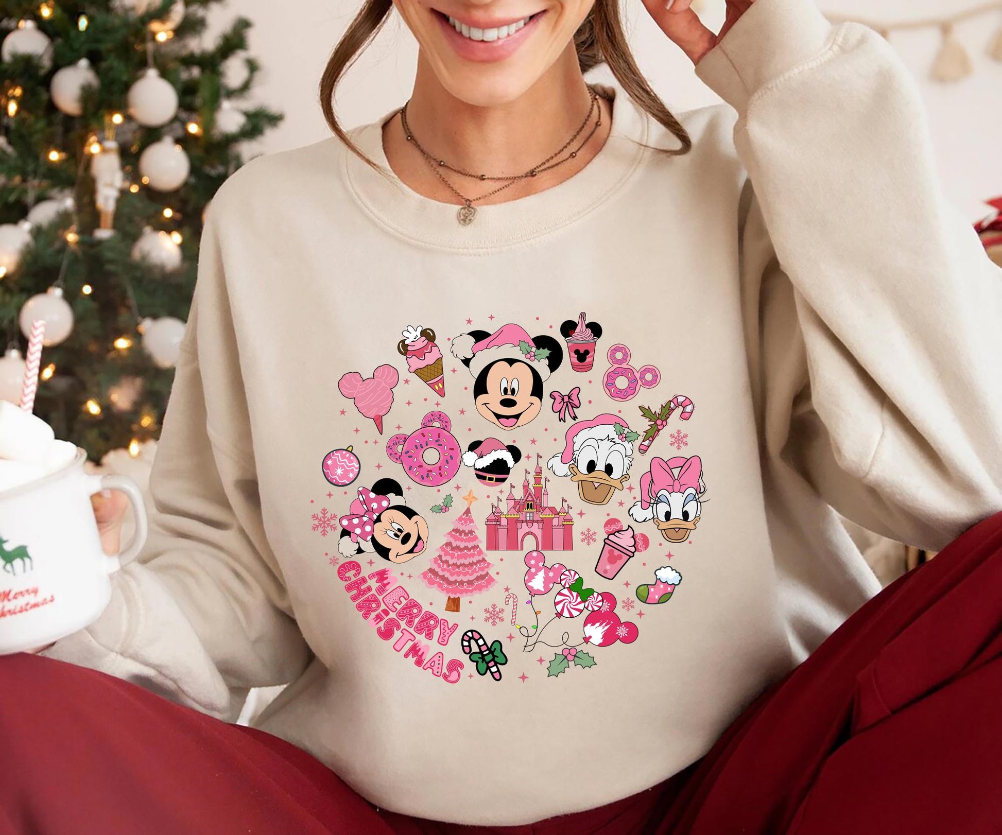 Pink Disney Christmas Shirt – Merry Christmas Tee for Disney Lovers, Cute Holiday Party Sweatshirt for Girls
