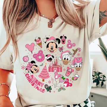 Pink Disney Christmas Shirt – Merry Christmas Tee for Disney Lovers, Cute Holiday Party Sweatshirt for Girls