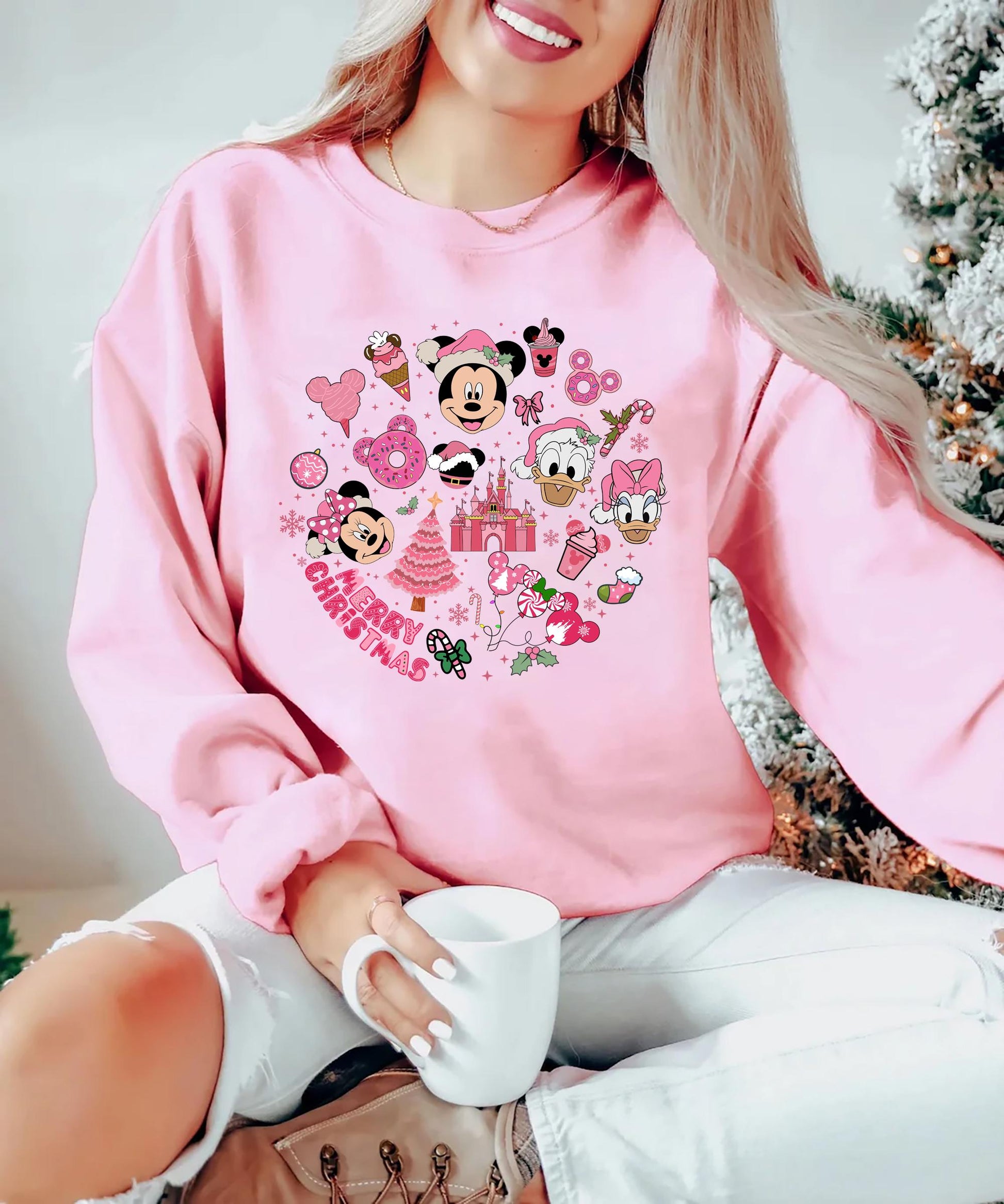 Pink Disney Christmas Shirt – Merry Christmas Tee for Disney Lovers, Cute Holiday Party Sweatshirt for Girls