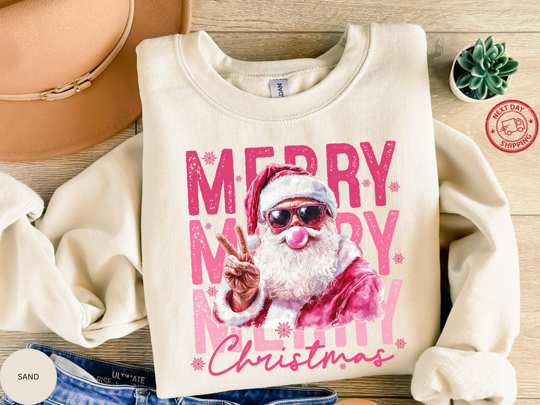 Pink Santa Sweatshirt – Funny Bubble Gum Santa Shirt, Retro Christmas Crewneck, Merry Christmas Gift