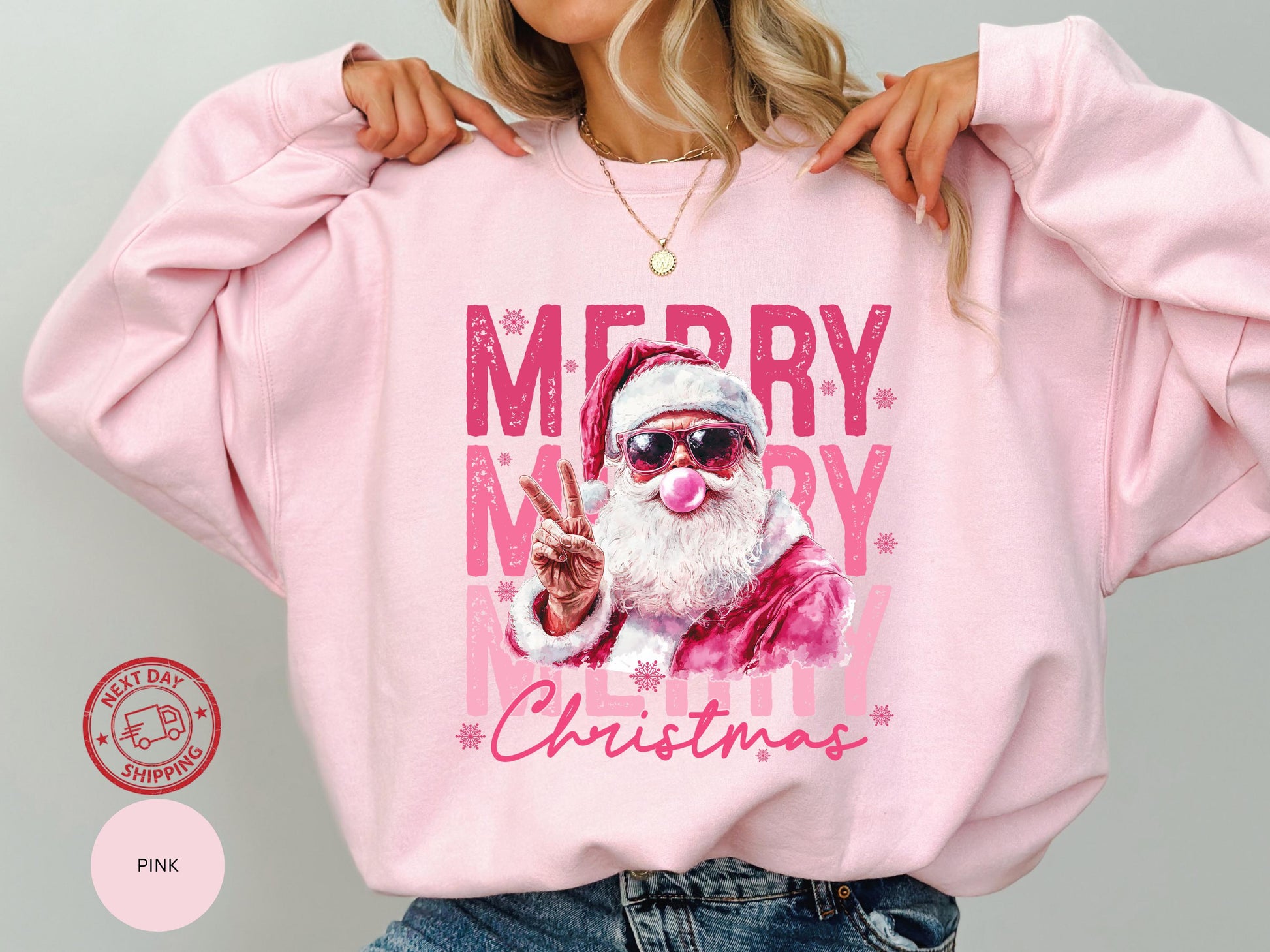 Pink Santa Sweatshirt – Funny Bubble Gum Santa Shirt, Retro Christmas Crewneck, Merry Christmas Gift