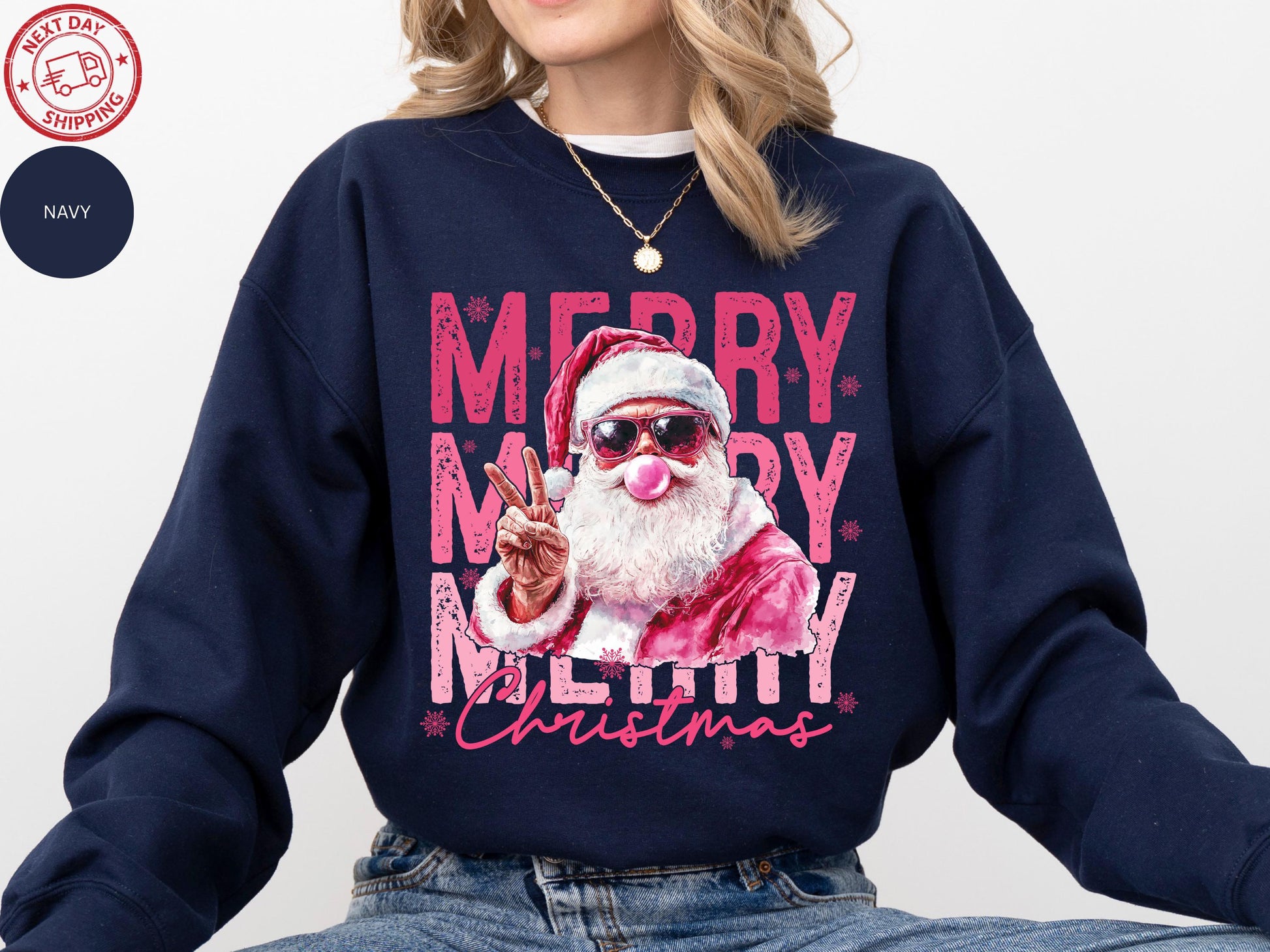 Pink Santa Sweatshirt – Funny Bubble Gum Santa Shirt, Retro Christmas Crewneck, Merry Christmas Gift