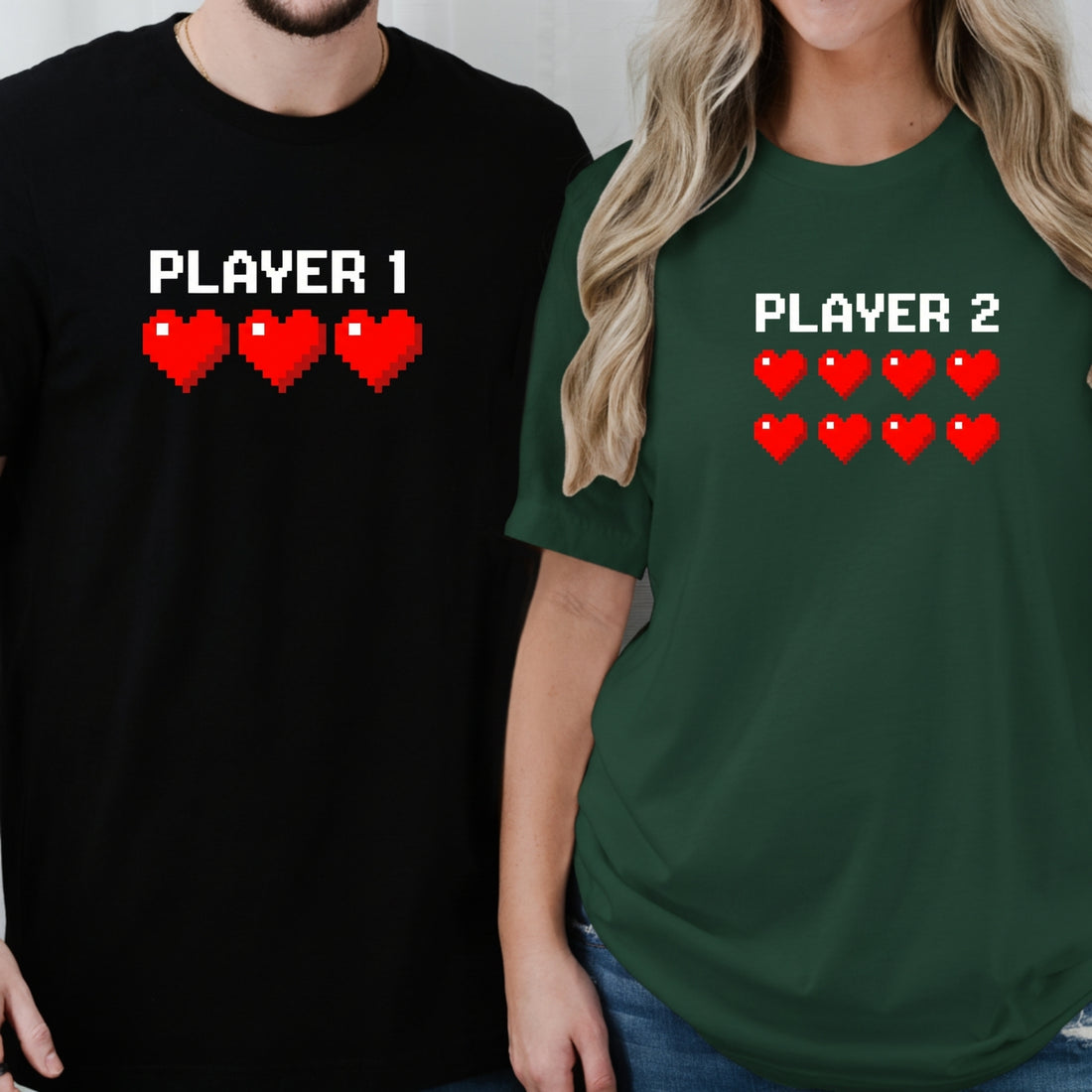 Player 1 and Player 2 Heart Matching T-Shirts For Couples