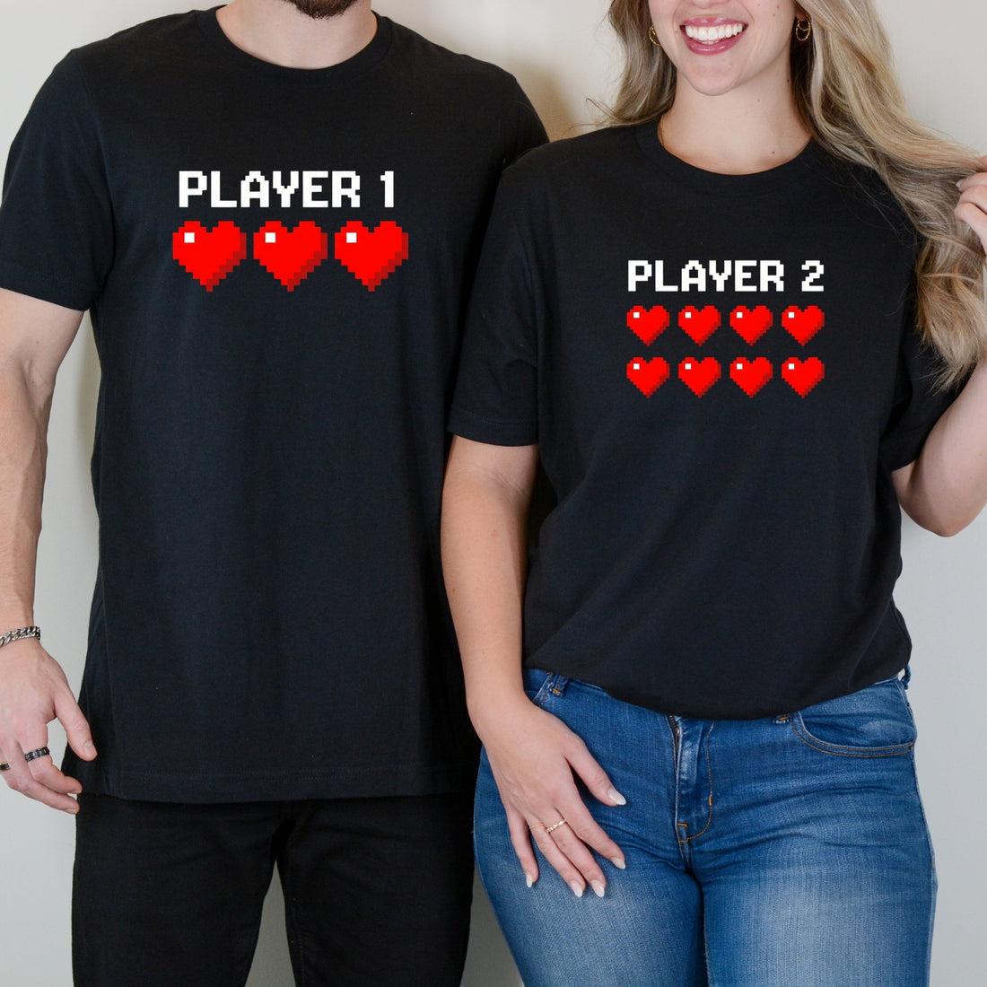 Player 1 and Player 2 Heart Matching T-Shirts For Couples