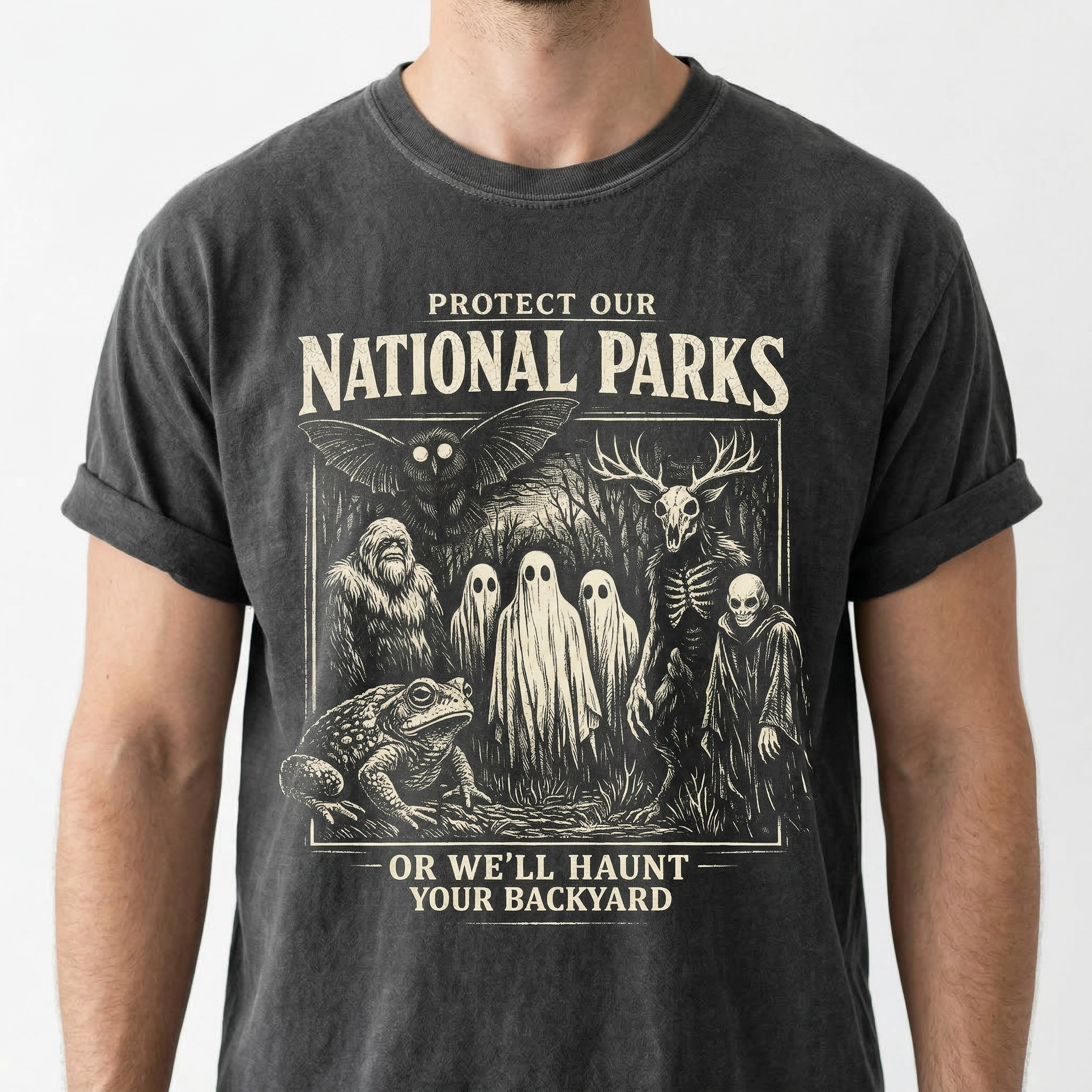 Protect Our National Parks T-Shirt, Cryptid Tee, Bigfoot Mothman Ghost Wendigo Skull