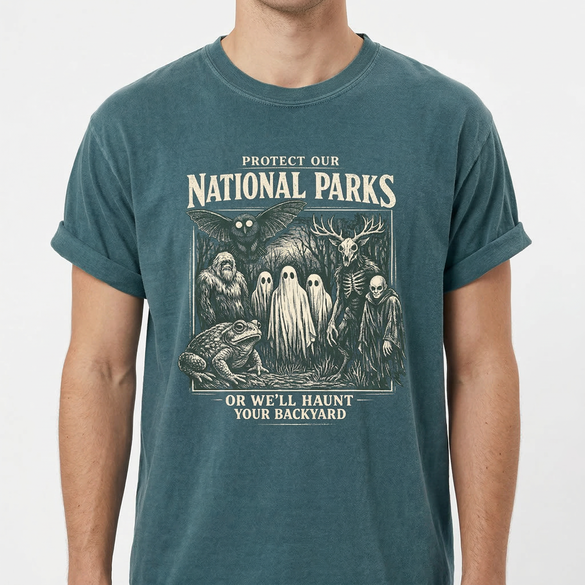 Protect Our National Parks T-Shirt, Cryptid Tee, Bigfoot Mothman Ghost Wendigo Skull