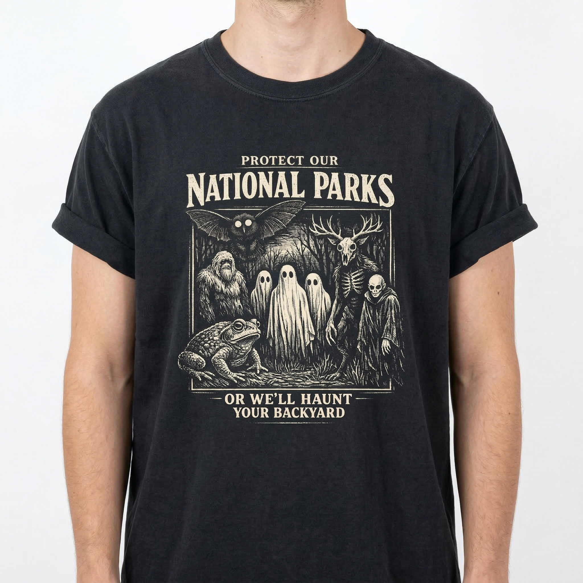 Protect Our National Parks T-Shirt, Cryptid Tee, Bigfoot Mothman Ghost Wendigo Skull