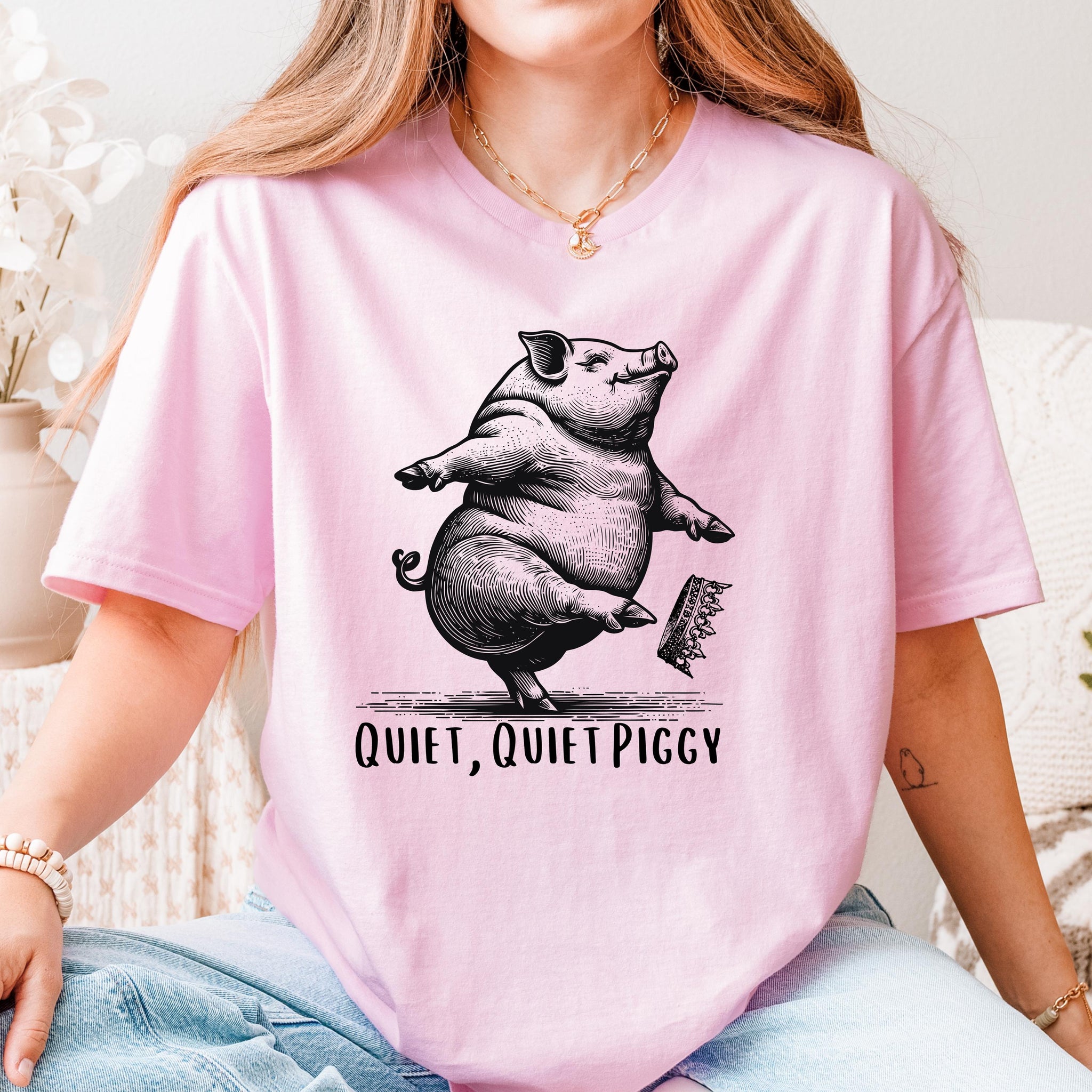 Quiet Quiet Piggy T-Shirt – Dancing Pig Kicking Crown Shirt, Anti-Trump FDT Parody Tee