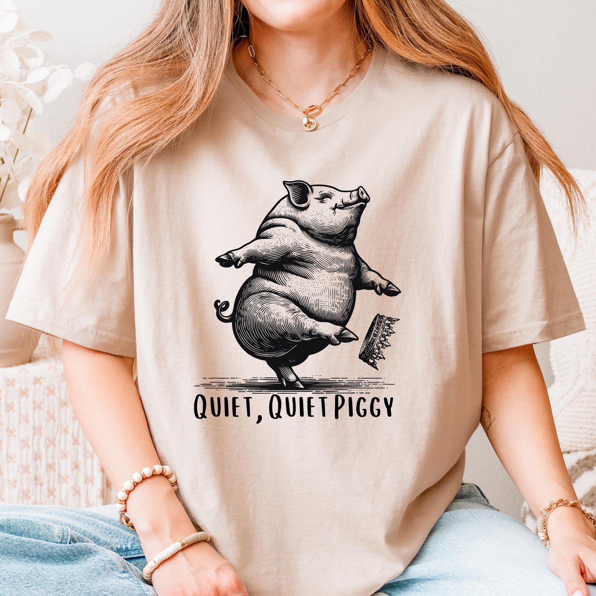 Quiet Quiet Piggy T-Shirt – Dancing Pig Kicking Crown Shirt, Anti-Trump FDT Parody Tee