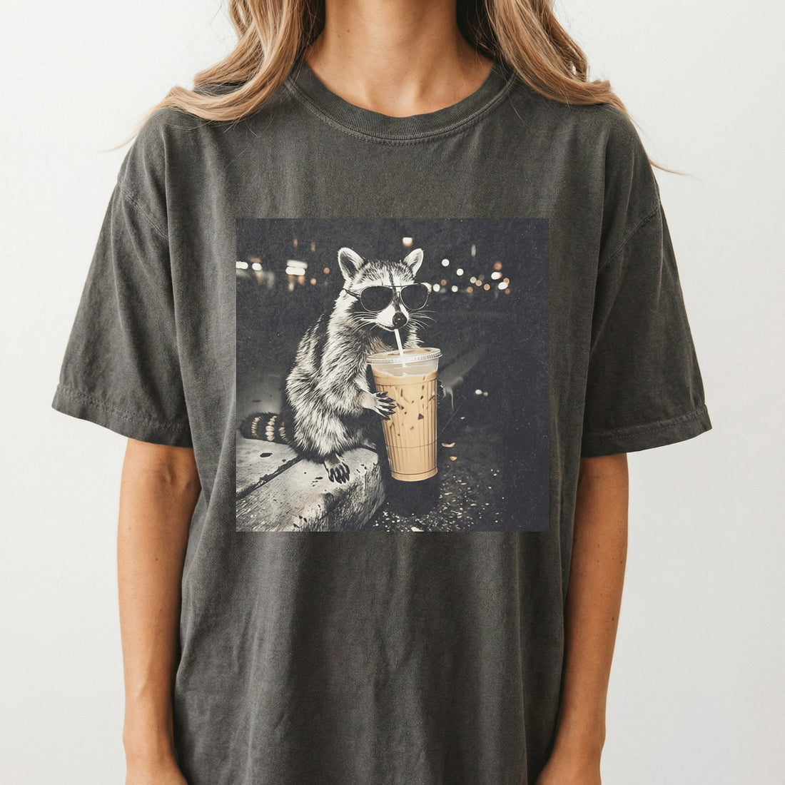 Raccoon Drinking Iced Coffee Shirt – Funny Animal Meme Coffee Lover Tee