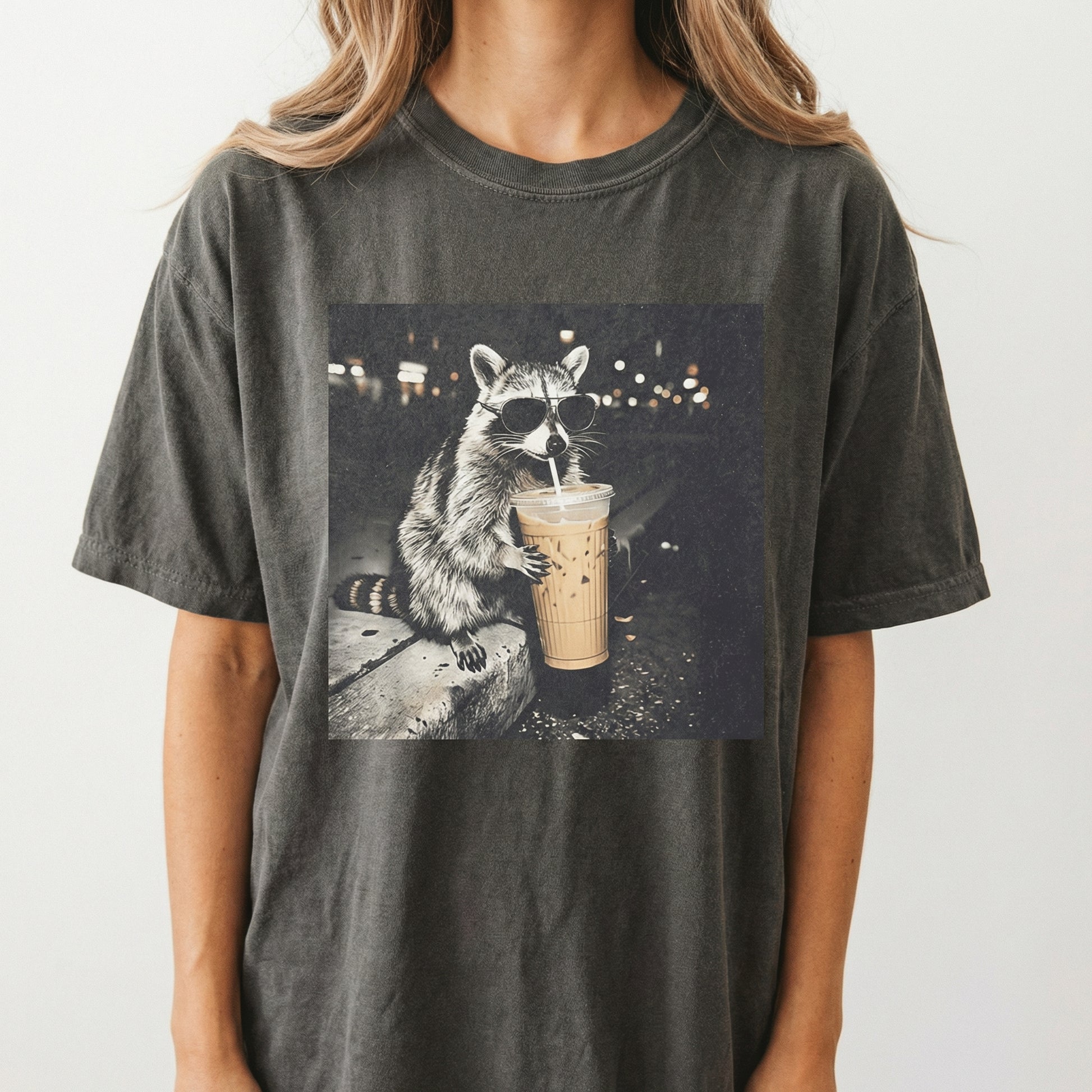 Raccoon Drinking Iced Coffee Shirt – Funny Animal Meme Coffee Lover Tee