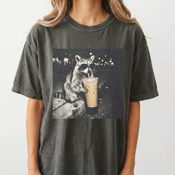 Raccoon Drinking Iced Coffee Shirt – Funny Animal Meme Coffee Lover Tee