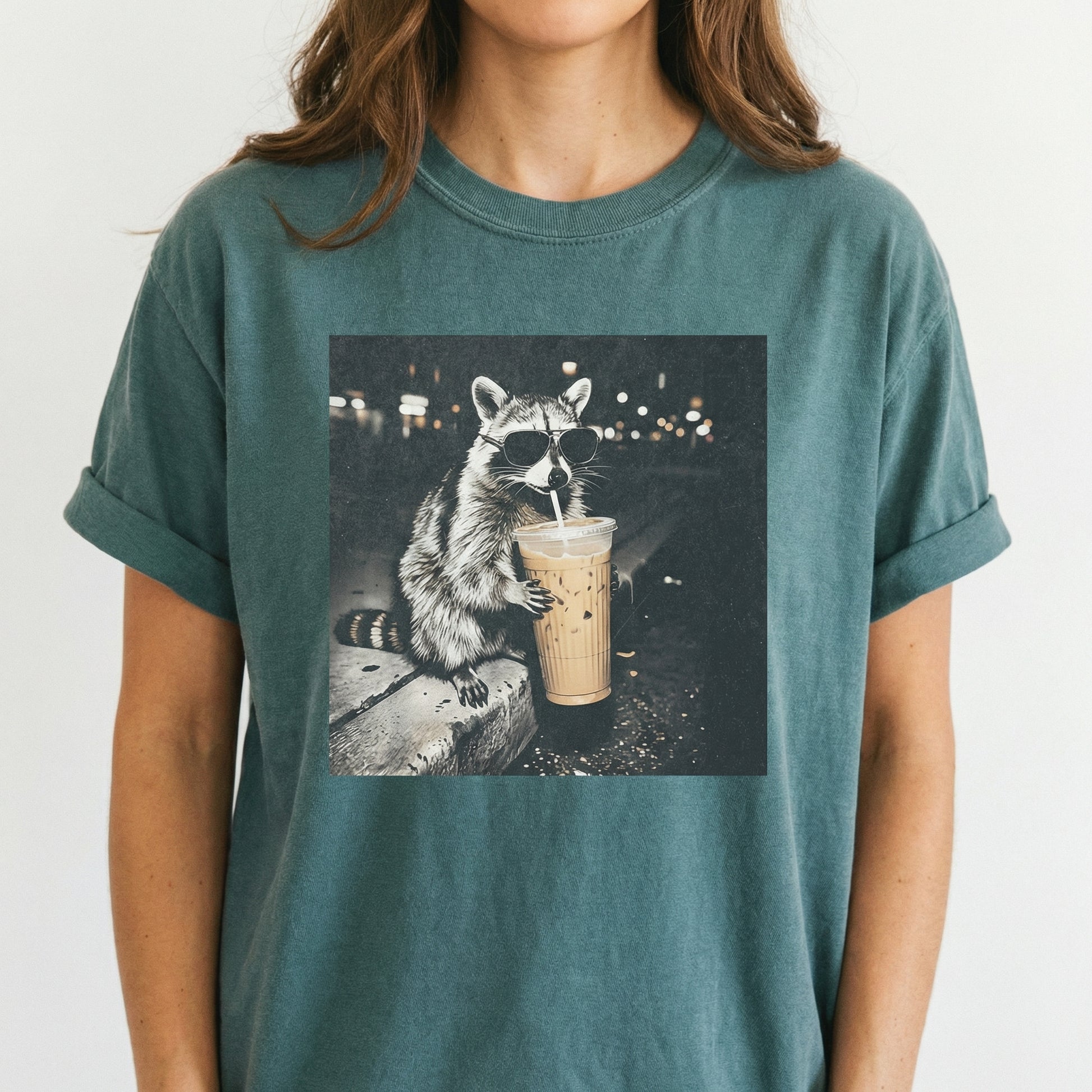 Raccoon Drinking Iced Coffee Shirt – Funny Animal Meme Coffee Lover Tee