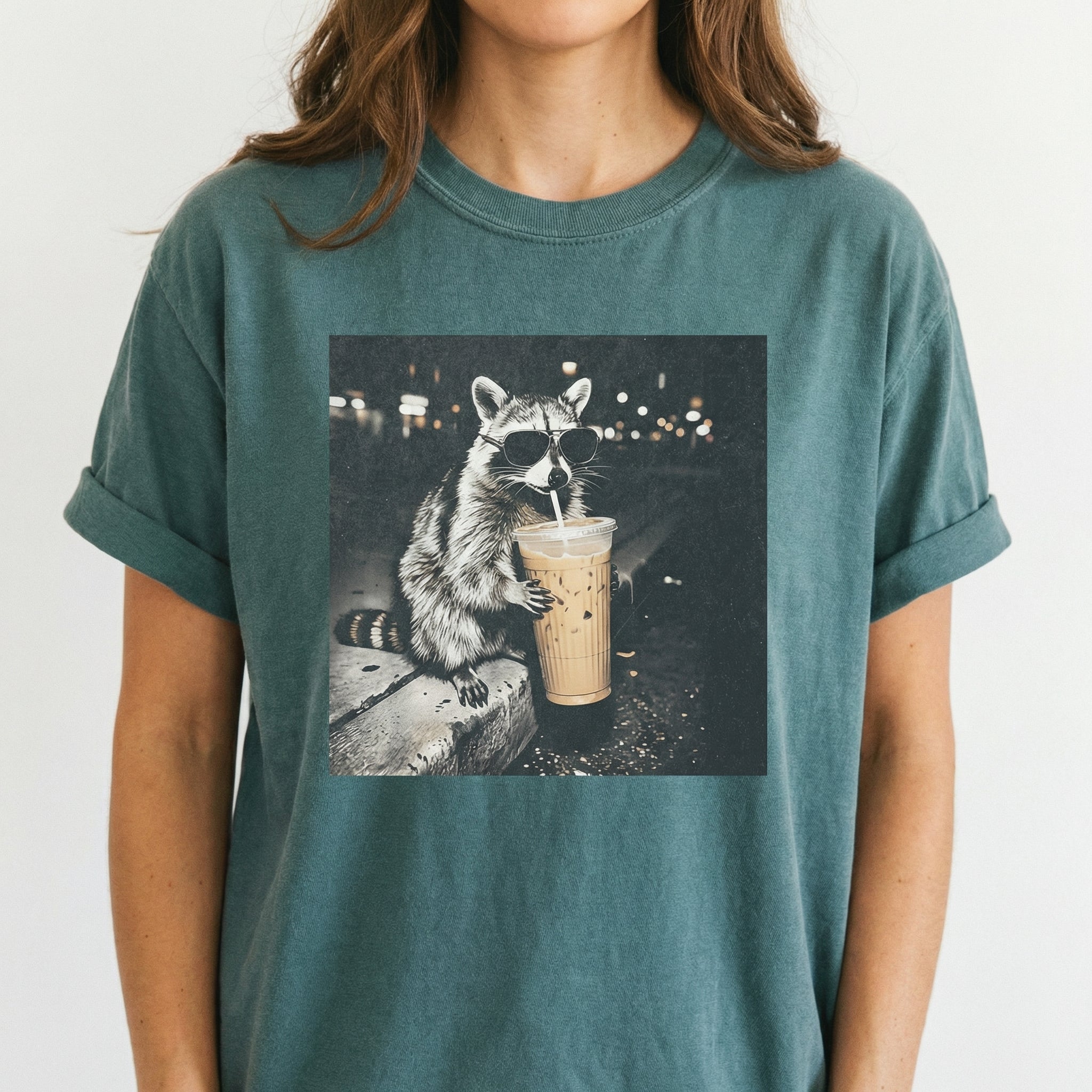 Raccoon Drinking Iced Coffee Shirt – Funny Animal Meme Coffee Lover Tee