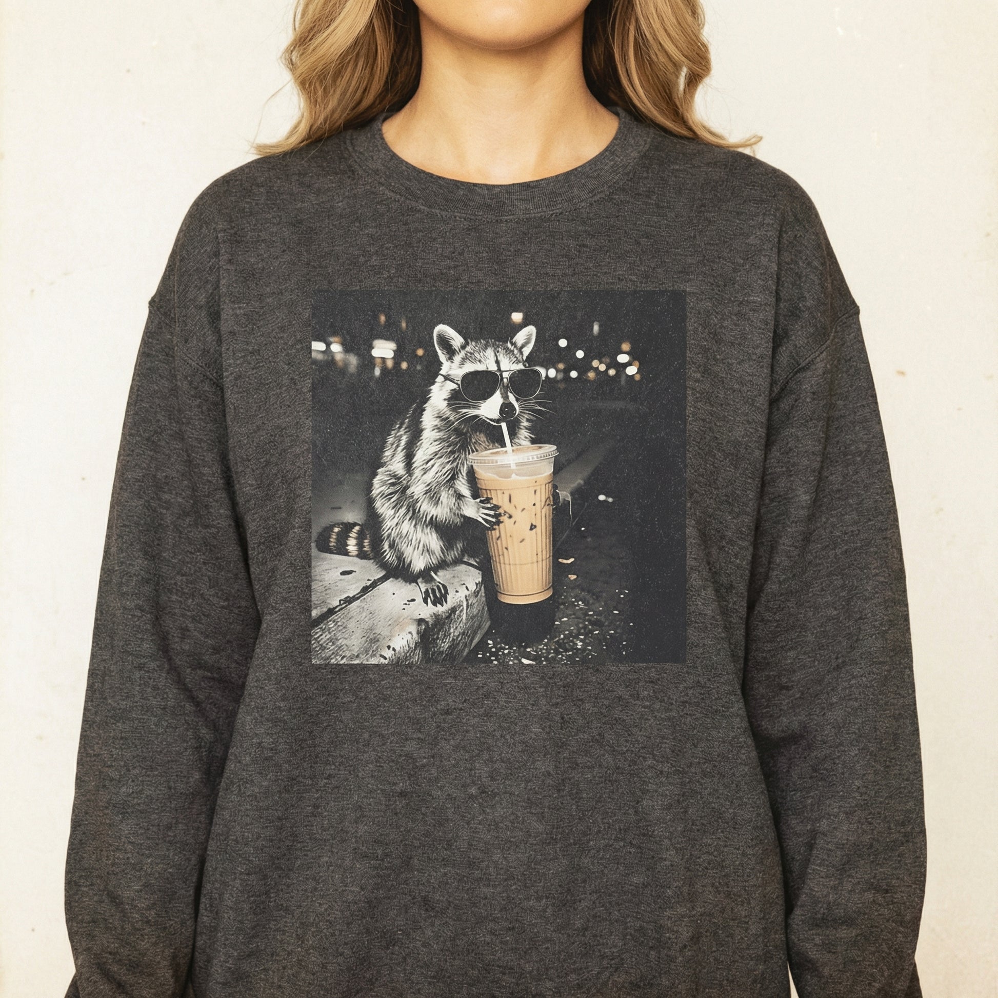 Raccoon Drinking Iced Coffee Shirt – Funny Animal Meme Coffee Lover Tee