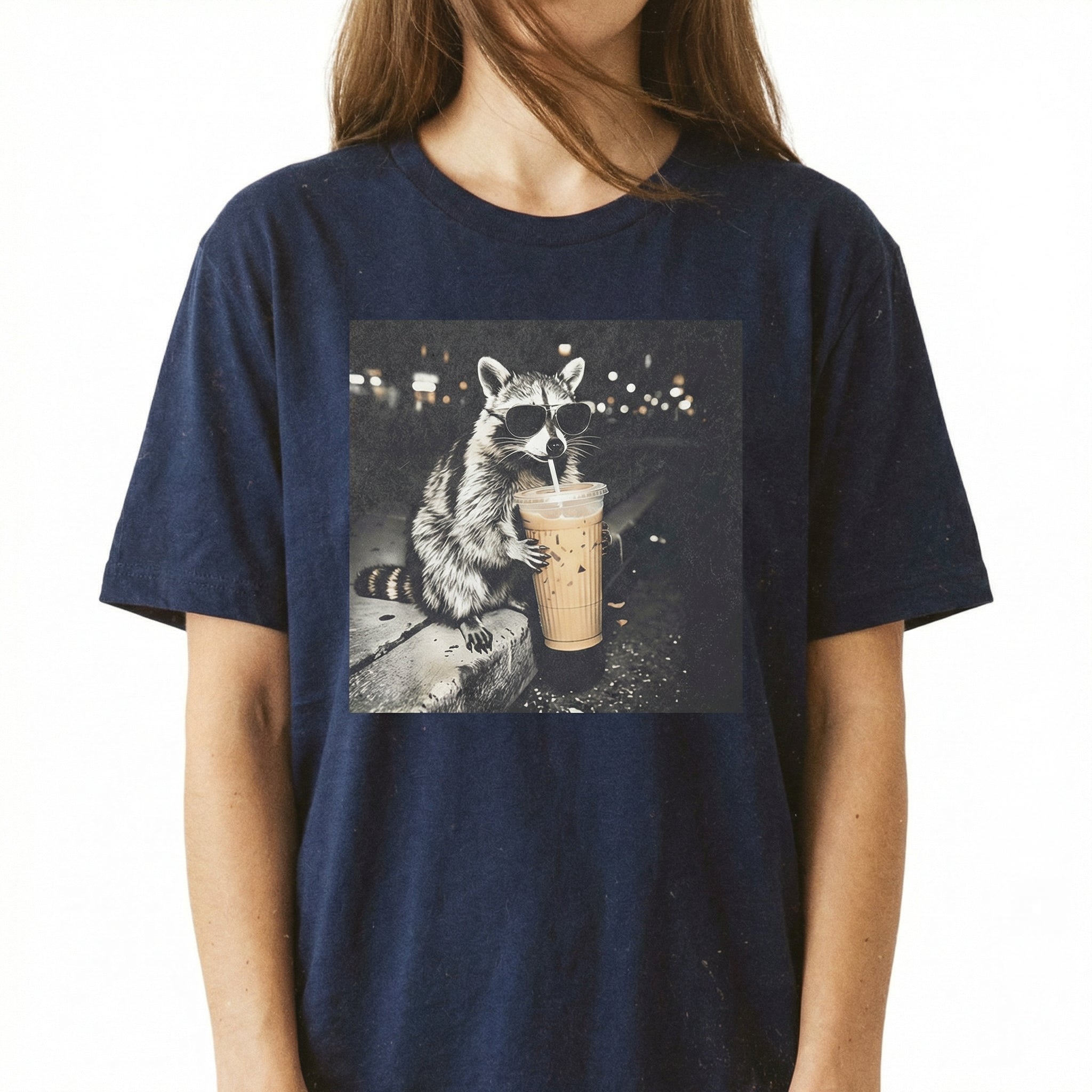 Raccoon Drinking Iced Coffee Shirt – Funny Animal Meme Coffee Lover Tee