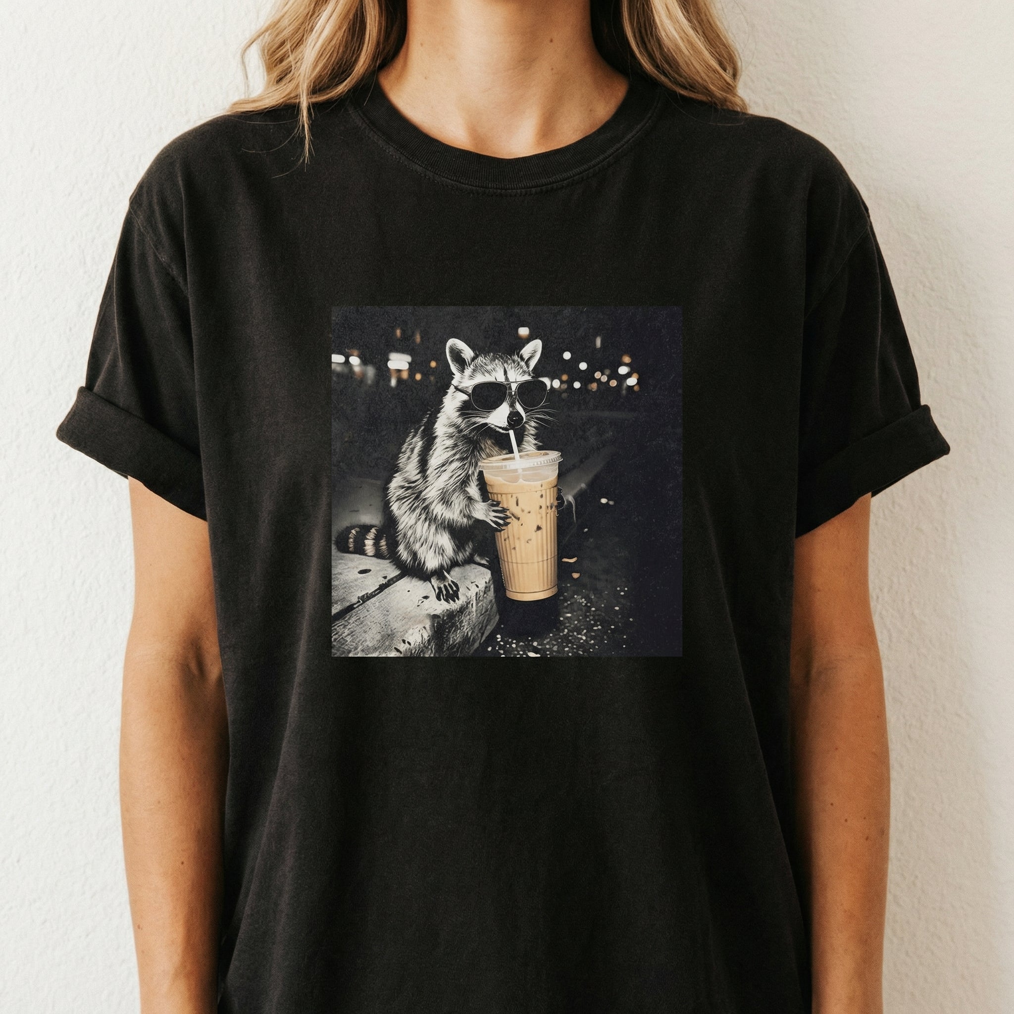 Raccoon Drinking Iced Coffee Shirt – Funny Animal Meme Coffee Lover Tee