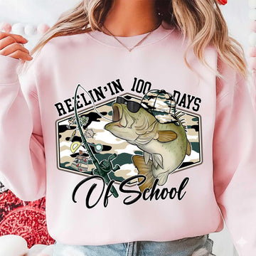 Reelin In 100 Days of School T-Shirt - Funny Bass Fishing Teacher Graphic Tee