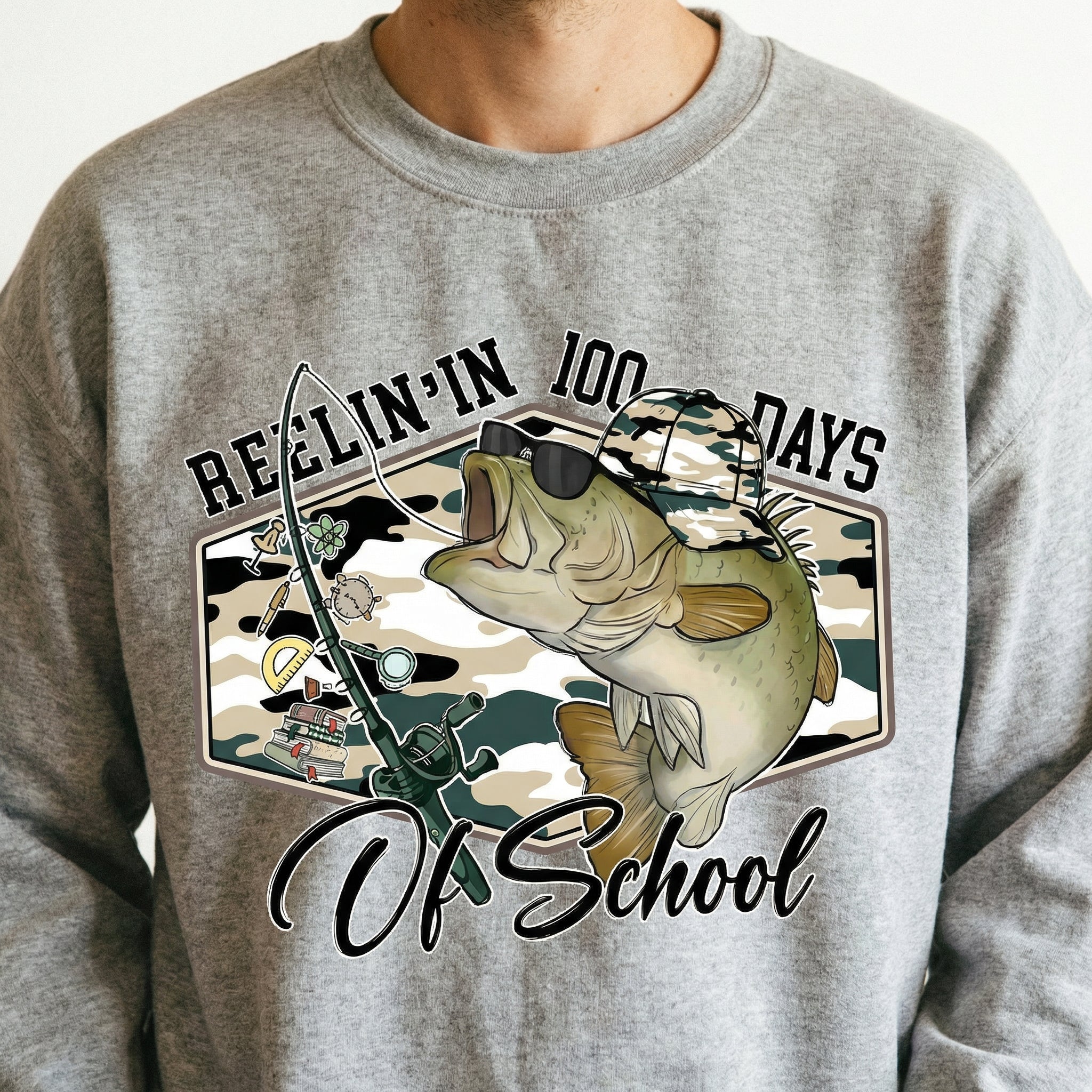 Reelin In 100 Days of School T-Shirt - Funny Bass Fishing Teacher Graphic Tee
