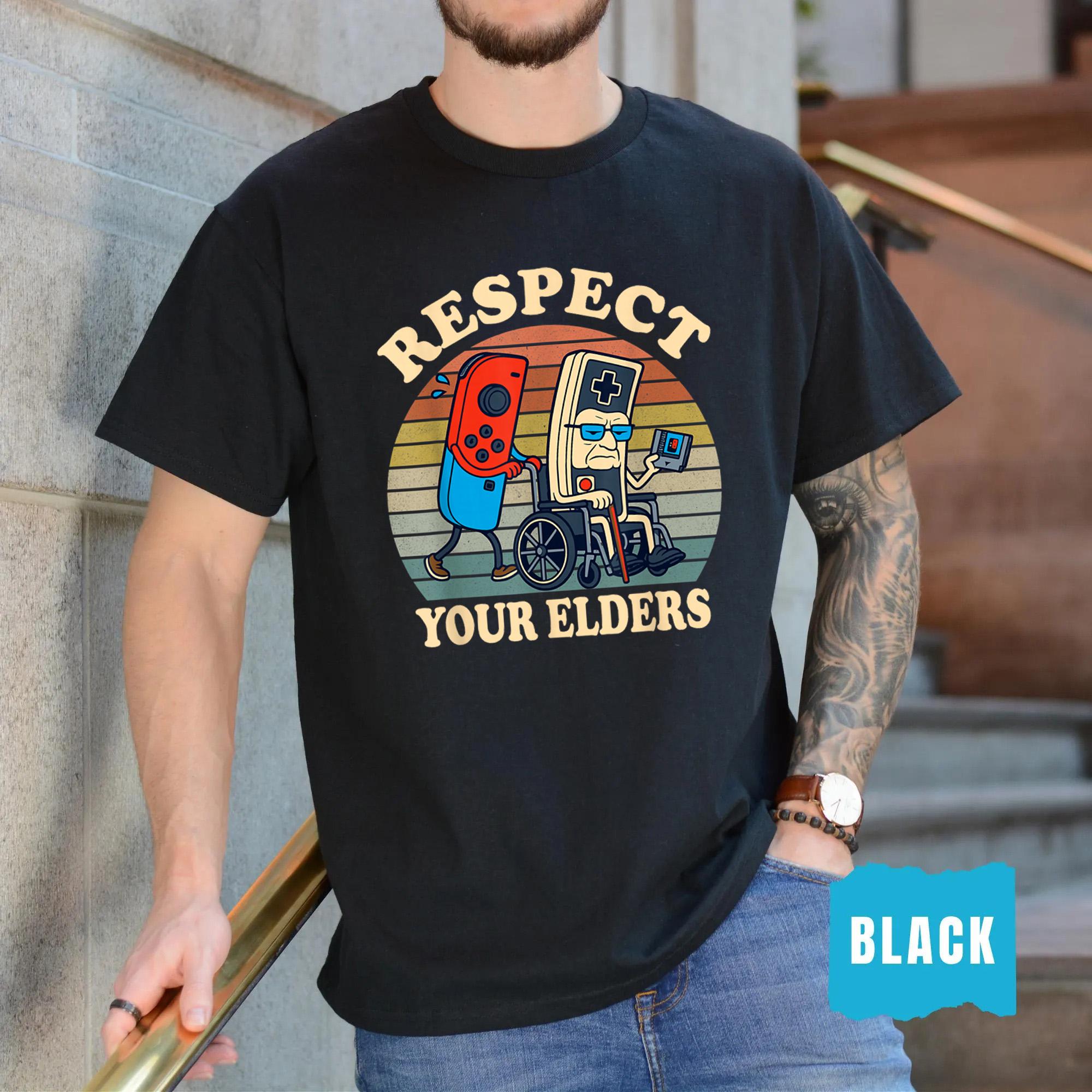 Respect Your Elders Shirt – Funny Retro Gaming Tee – 80s Gamer Controller T Shirt