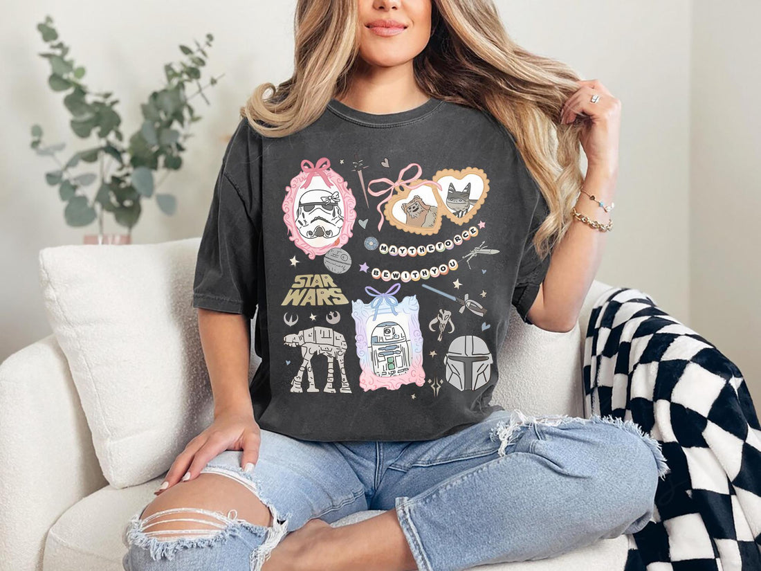 Retro Coquette Disney Star Wars Shirt – Kawaii Bow Aesthetic R2D2 AT-AT Ewok Tee, Cute Galaxy Trip Top for Disneyworld Fans