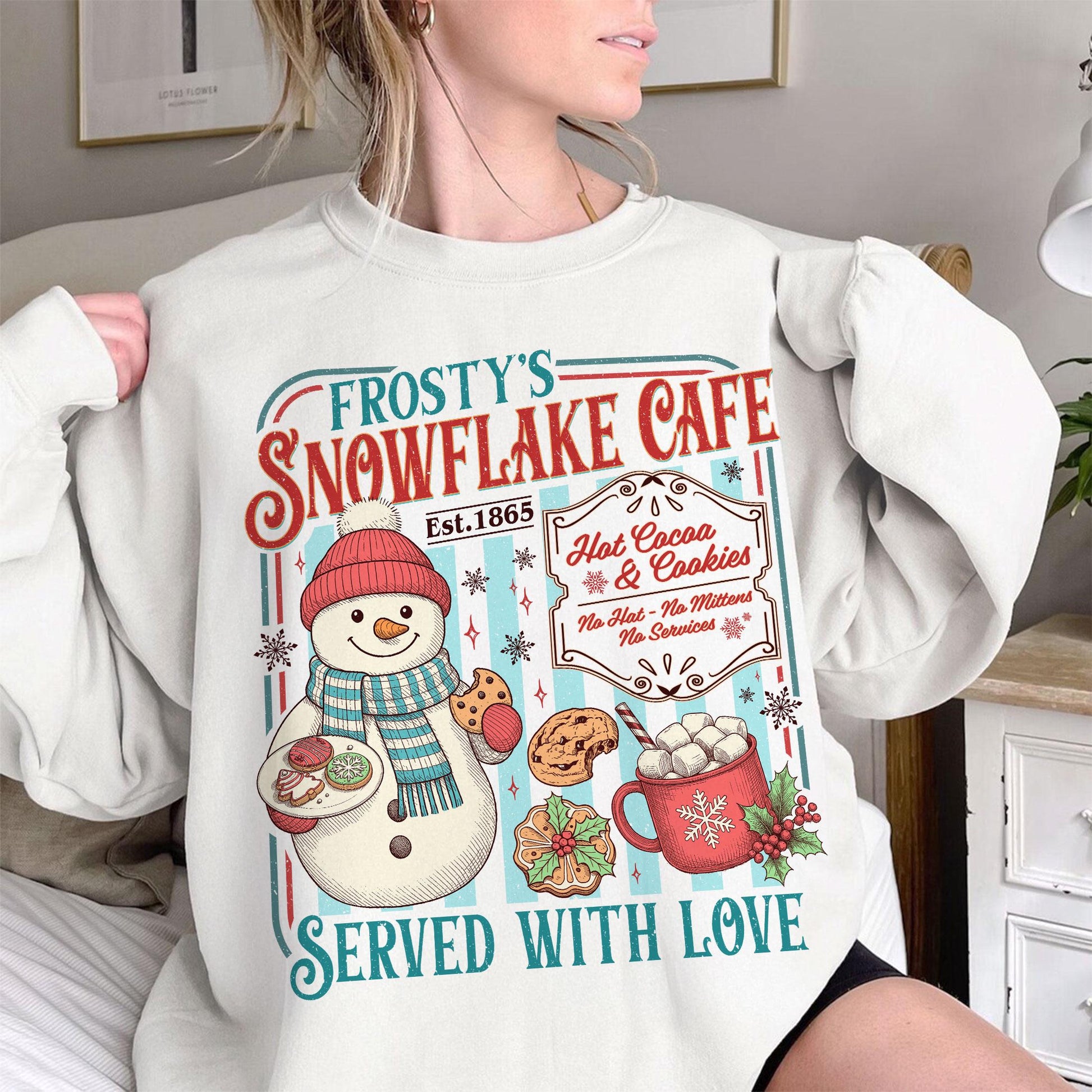 Retro Frosty’s Snowflake Cafe Christmas Sweatshirt – Hot Cocoa & Cookies Holiday Shirt
