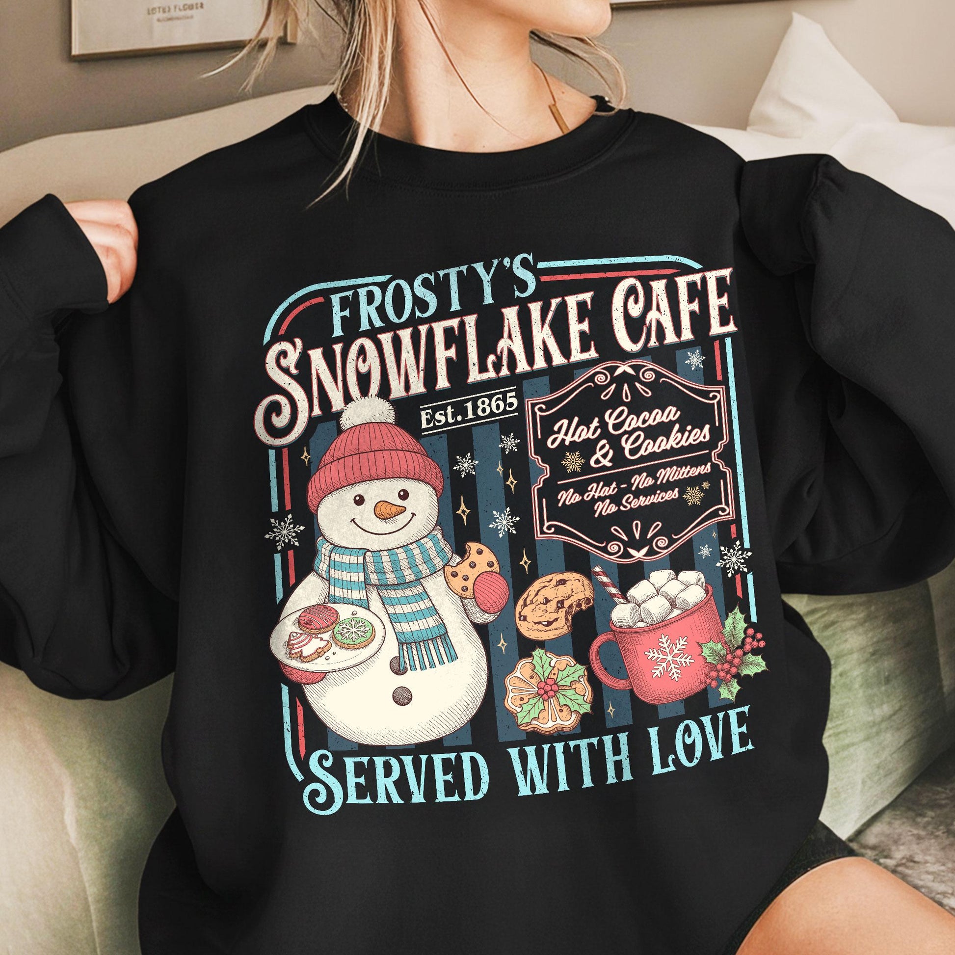 Retro Frosty’s Snowflake Cafe Christmas Sweatshirt – Hot Cocoa & Cookies Holiday Shirt