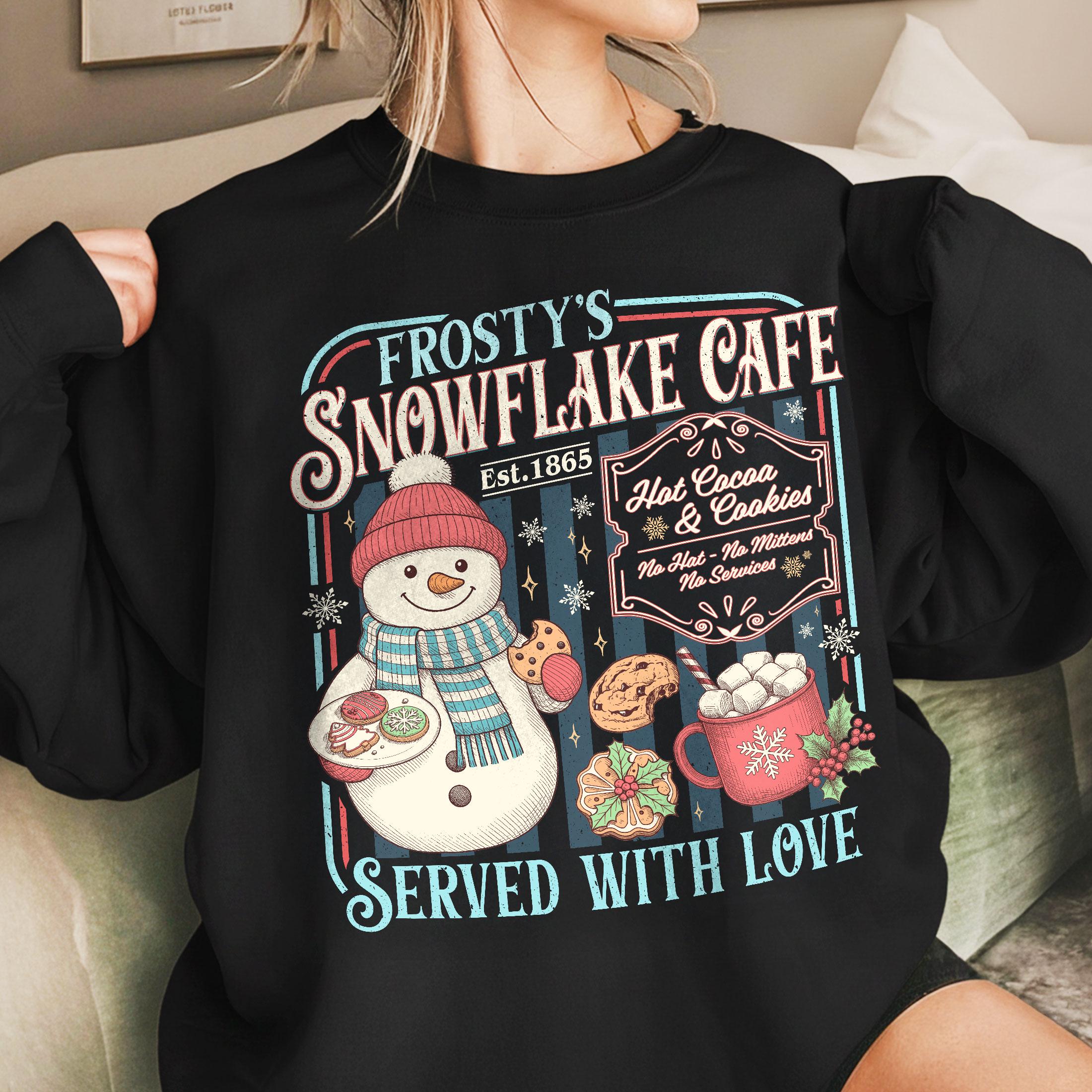 Retro Frosty’s Snowflake Cafe Christmas Sweatshirt – Hot Cocoa & Cookies Holiday Shirt