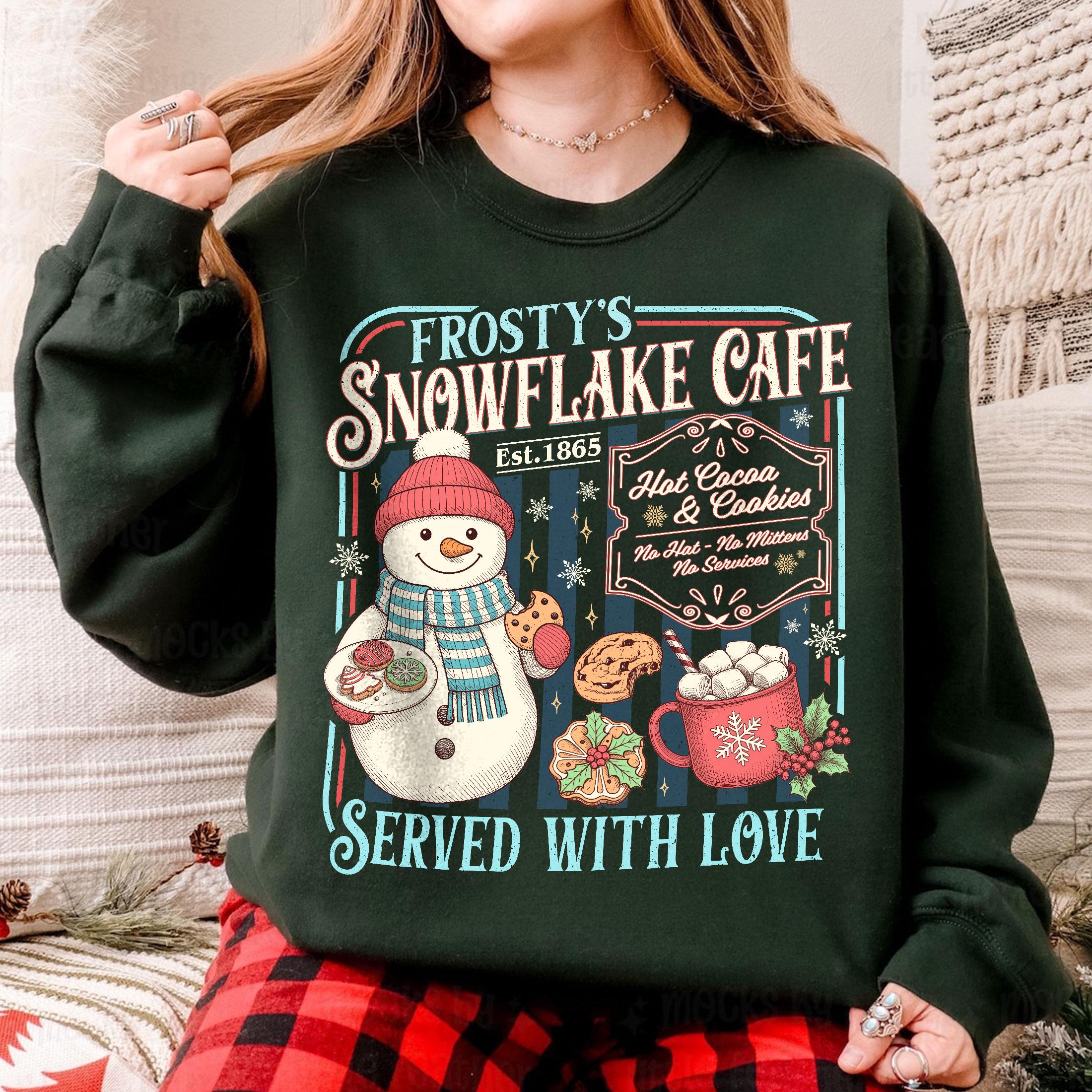 Retro Frosty’s Snowflake Cafe Christmas Sweatshirt – Hot Cocoa & Cookies Holiday Shirt