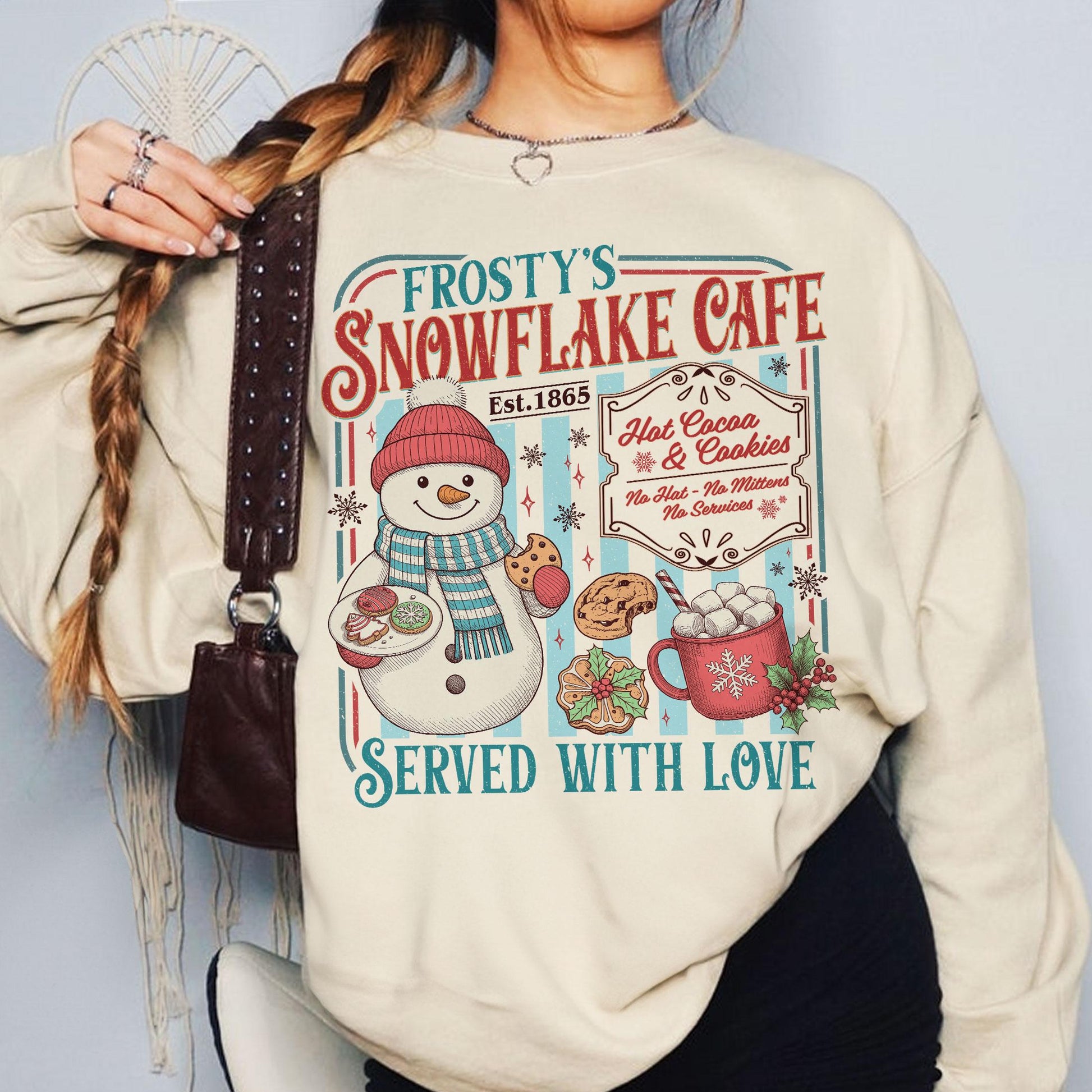 Retro Frosty’s Snowflake Cafe Christmas Sweatshirt – Hot Cocoa & Cookies Holiday Shirt