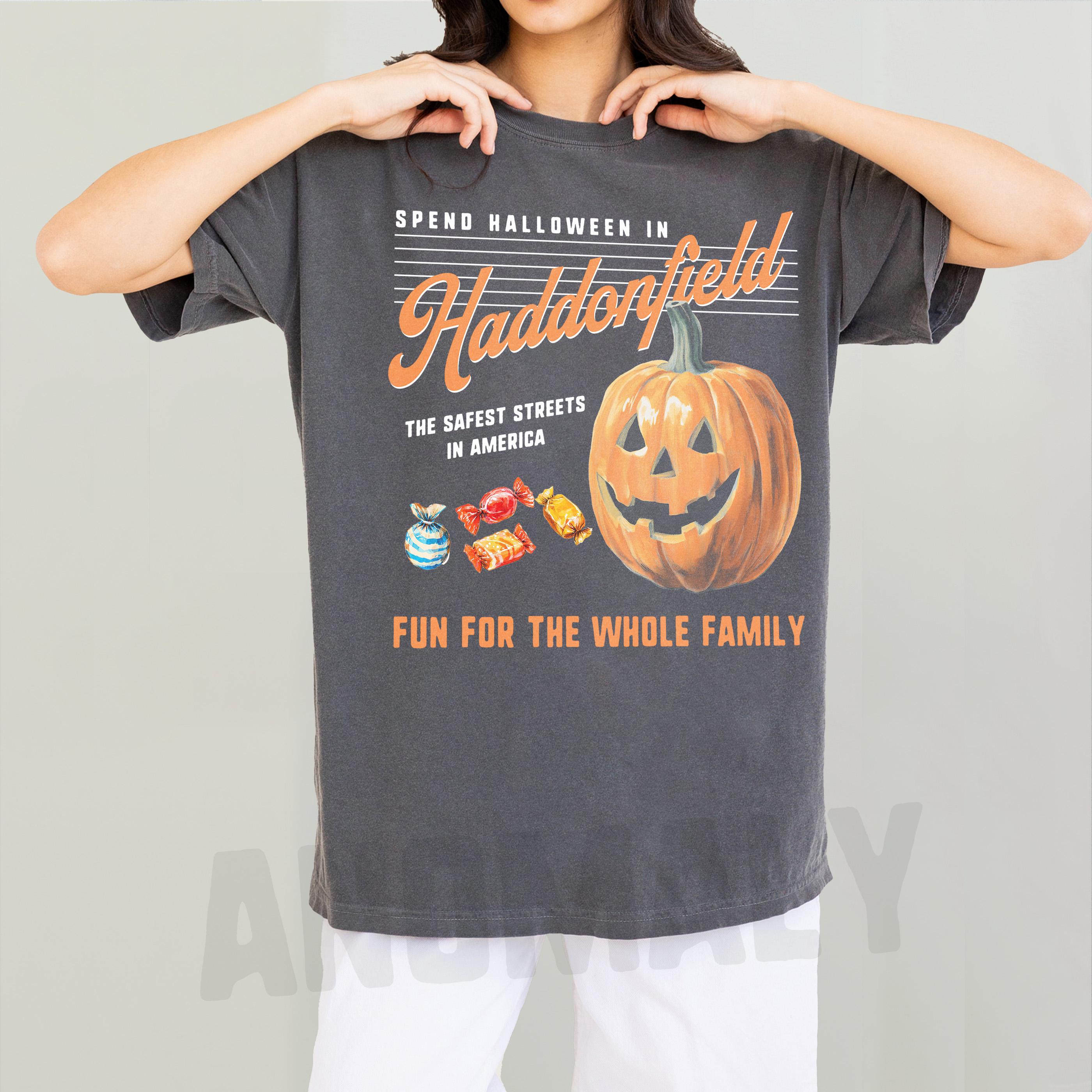 Retro Halloween in Haddonfield T-Shirt – Black & Orange Horror Movie Graphic Tee
