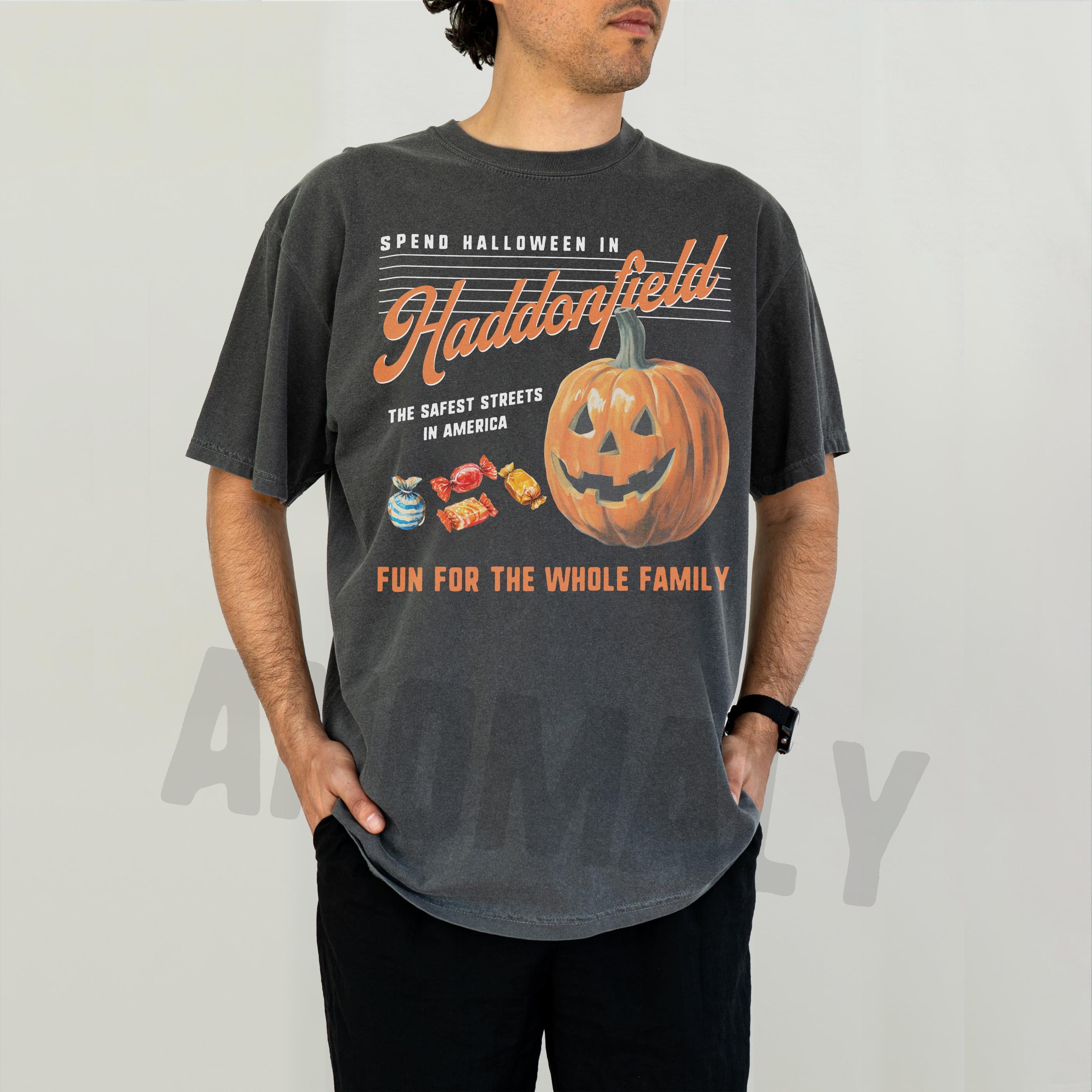 Retro Halloween in Haddonfield T-Shirt – Black & Orange Horror Movie Graphic Tee