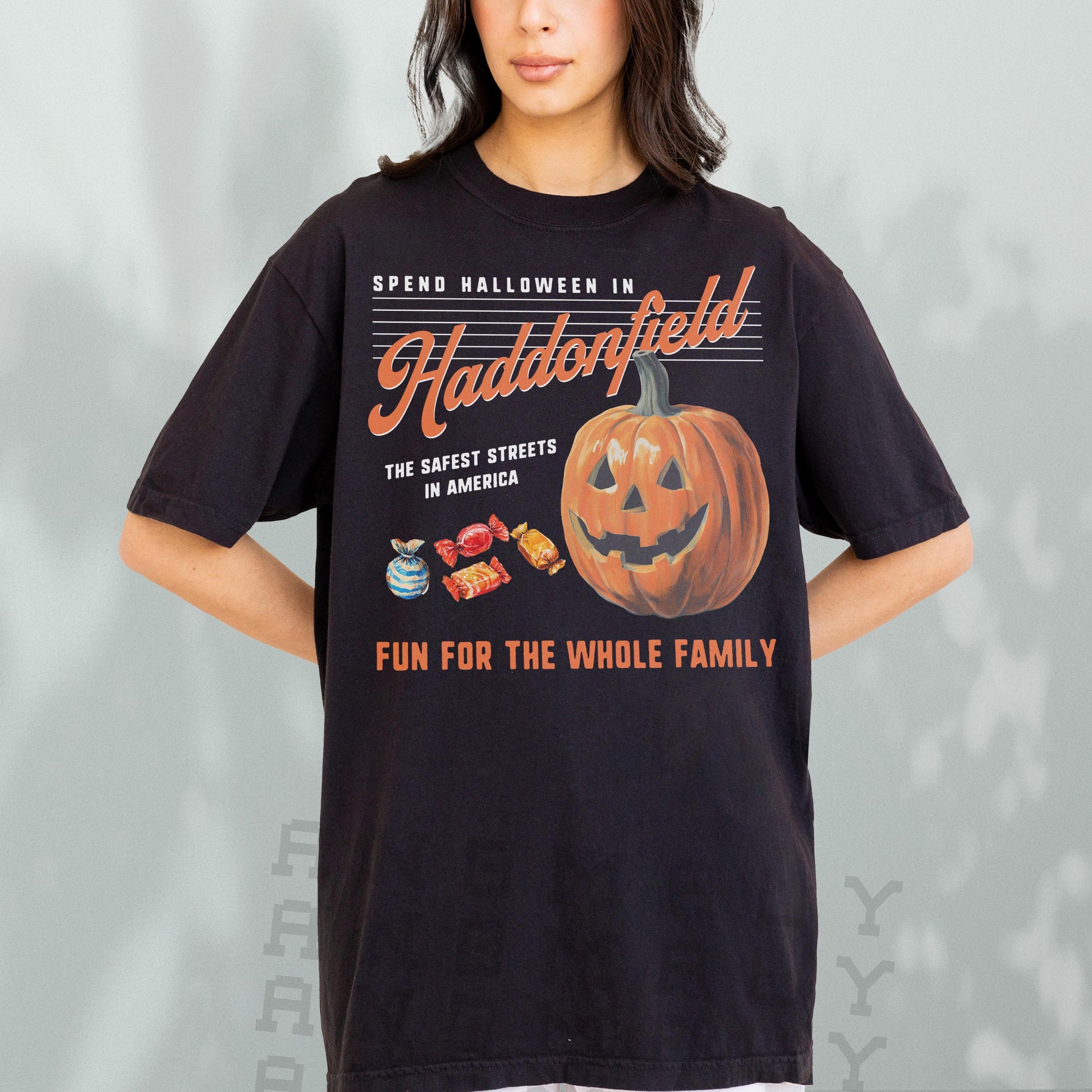 Retro Halloween in Haddonfield T-Shirt – Black & Orange Horror Movie Graphic Tee